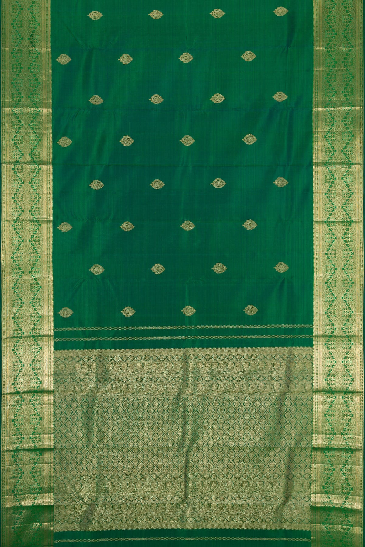 Flat view of Green Dual Tone Kanchipuram Silk Saree with Zari Butta on the body and Zari Border. 
