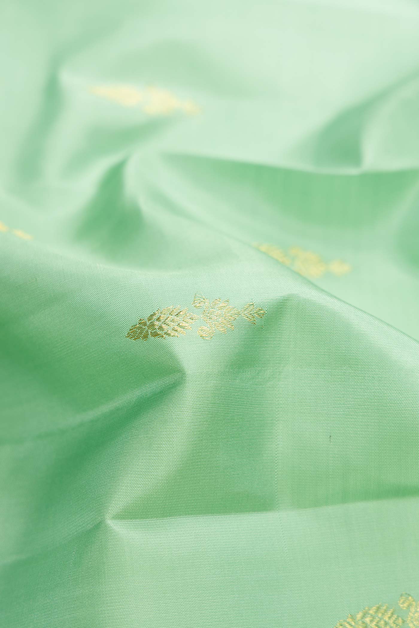 Close up of Pista Green Dual Tone Kanjivaram Silk Saree with Zari Butta on the body and Zari Border.  displaying folds