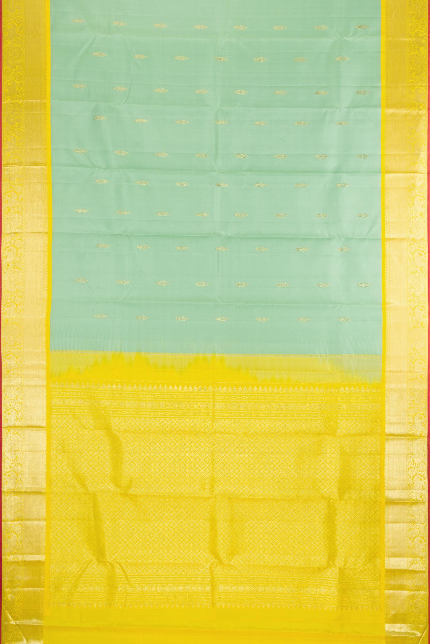 Flat view of Pista Green Dual Tone Kanjivaram Silk Saree with Zari Butta on the body and Zari Border. 