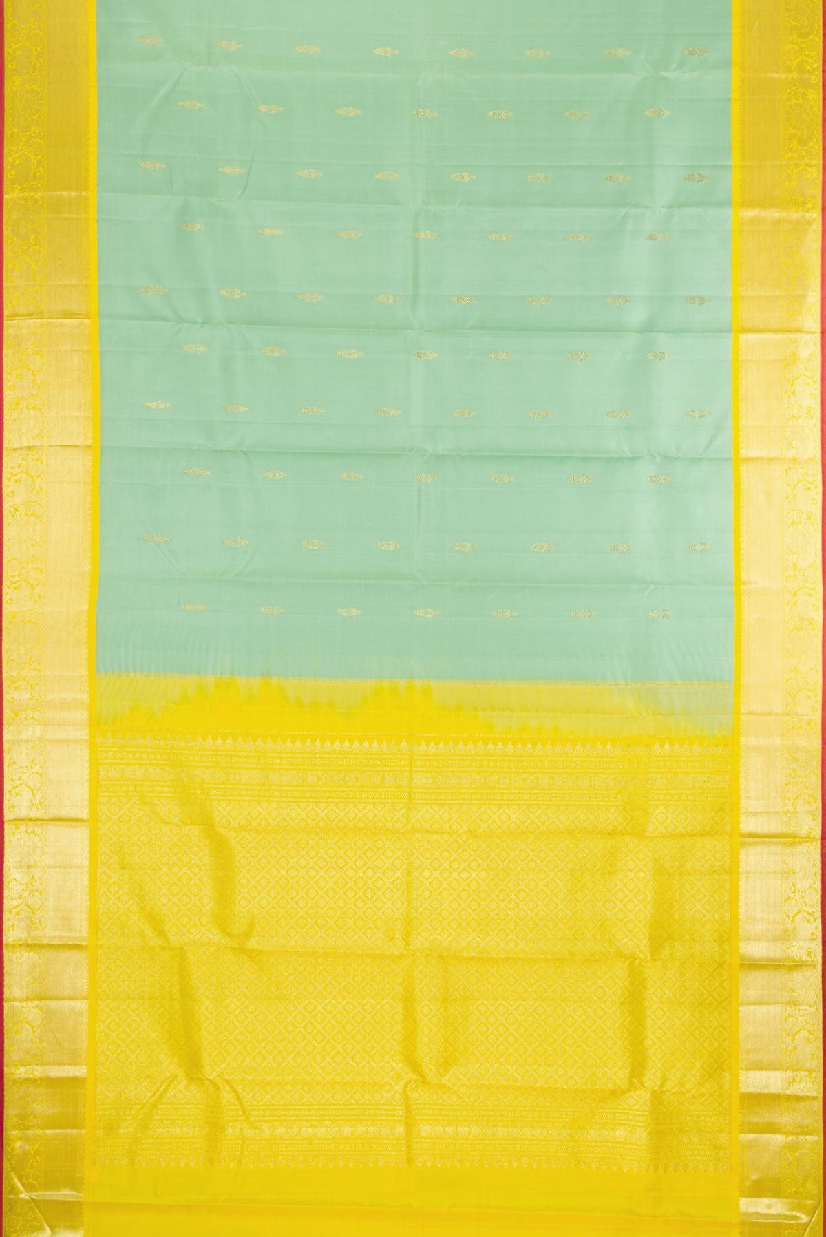 Flat view of Pista Green Dual Tone Kanjivaram Silk Saree with Zari Butta on the body and Zari Border. 