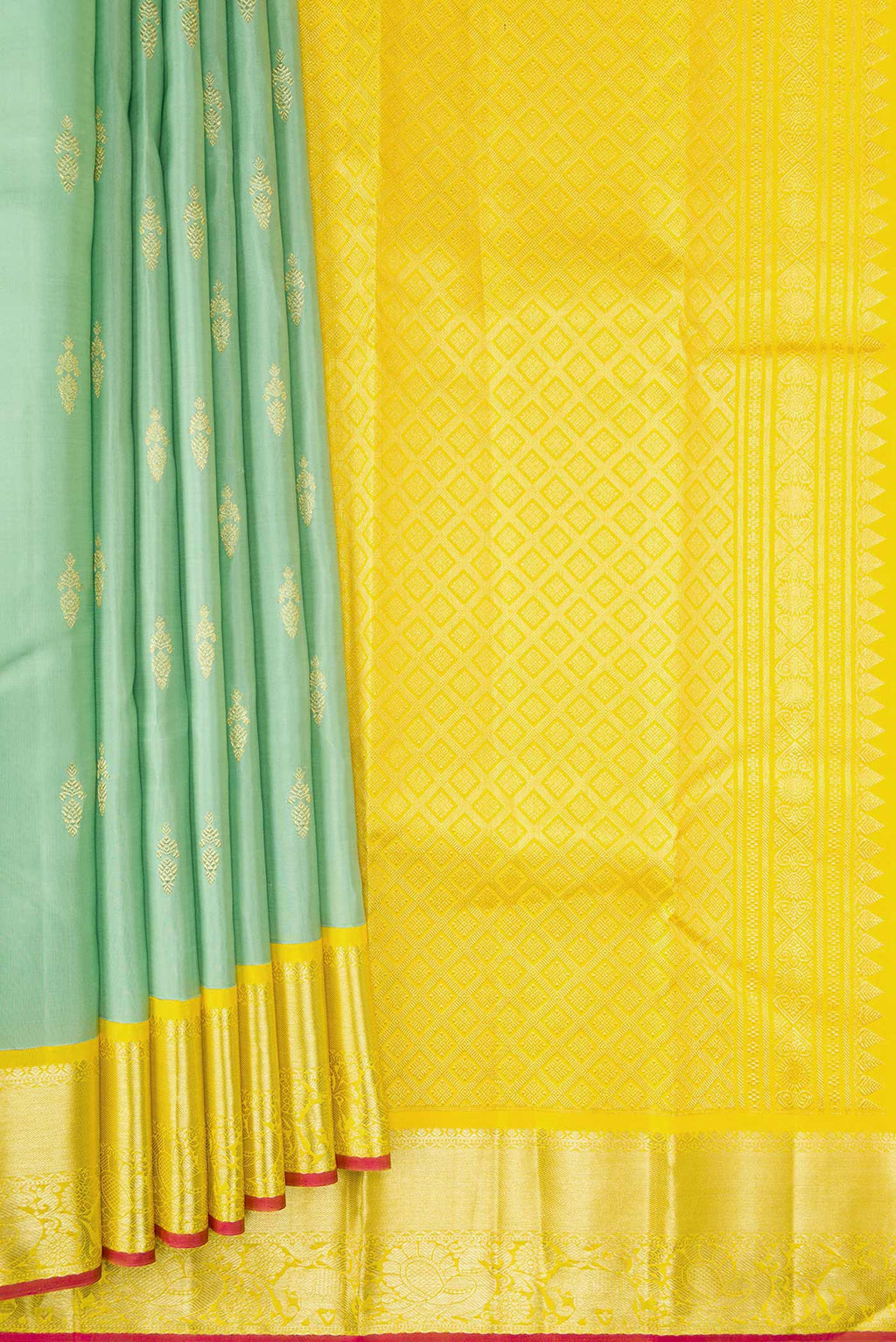 Pleats and pallu of Pista Green Dual Tone Kanjivaram Silk Saree with Zari Butta on the body and Zari Border. 
