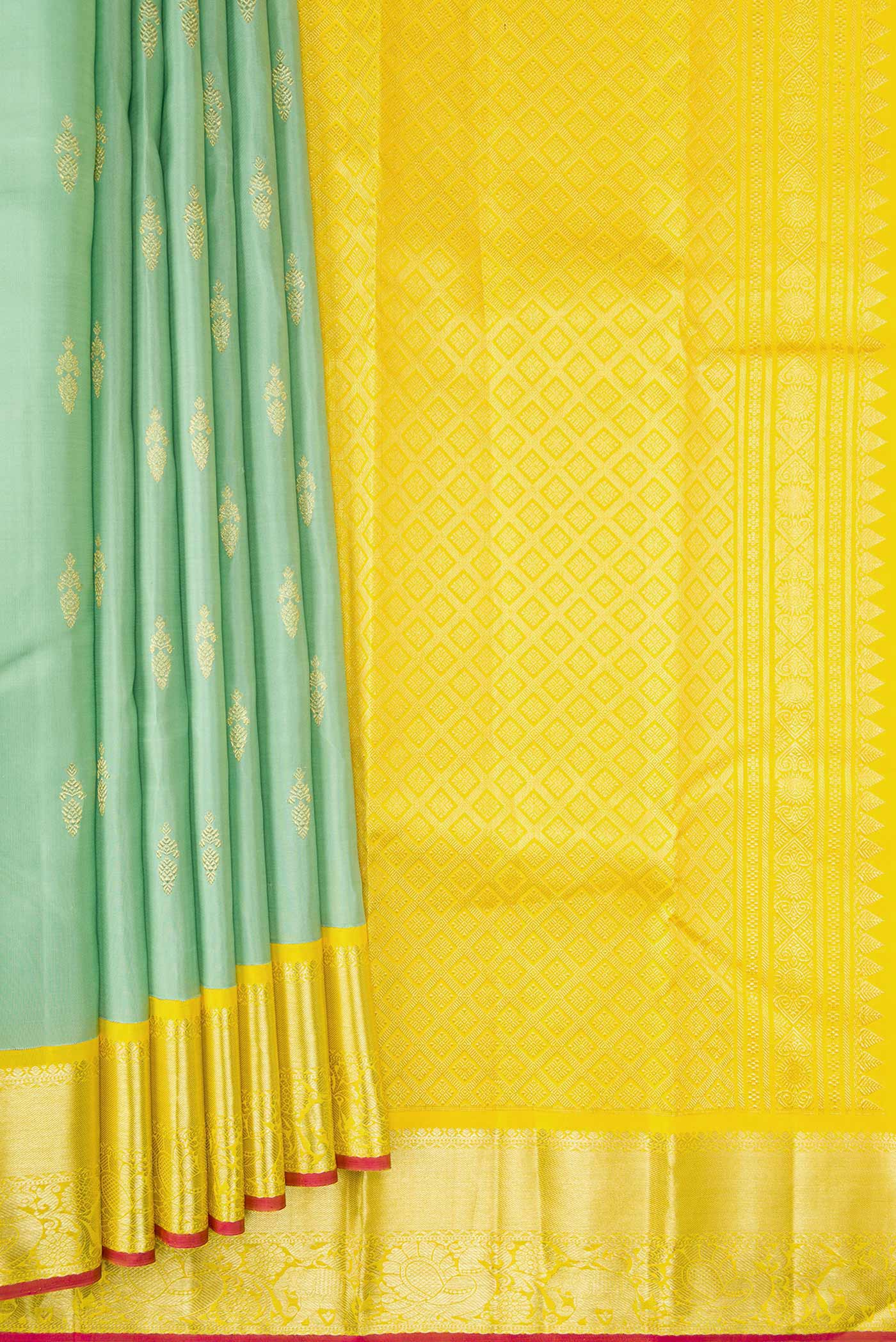 Pleats and pallu of Pista Green Dual Tone Kanjivaram Silk Saree with Zari Butta on the body and Zari Border. 