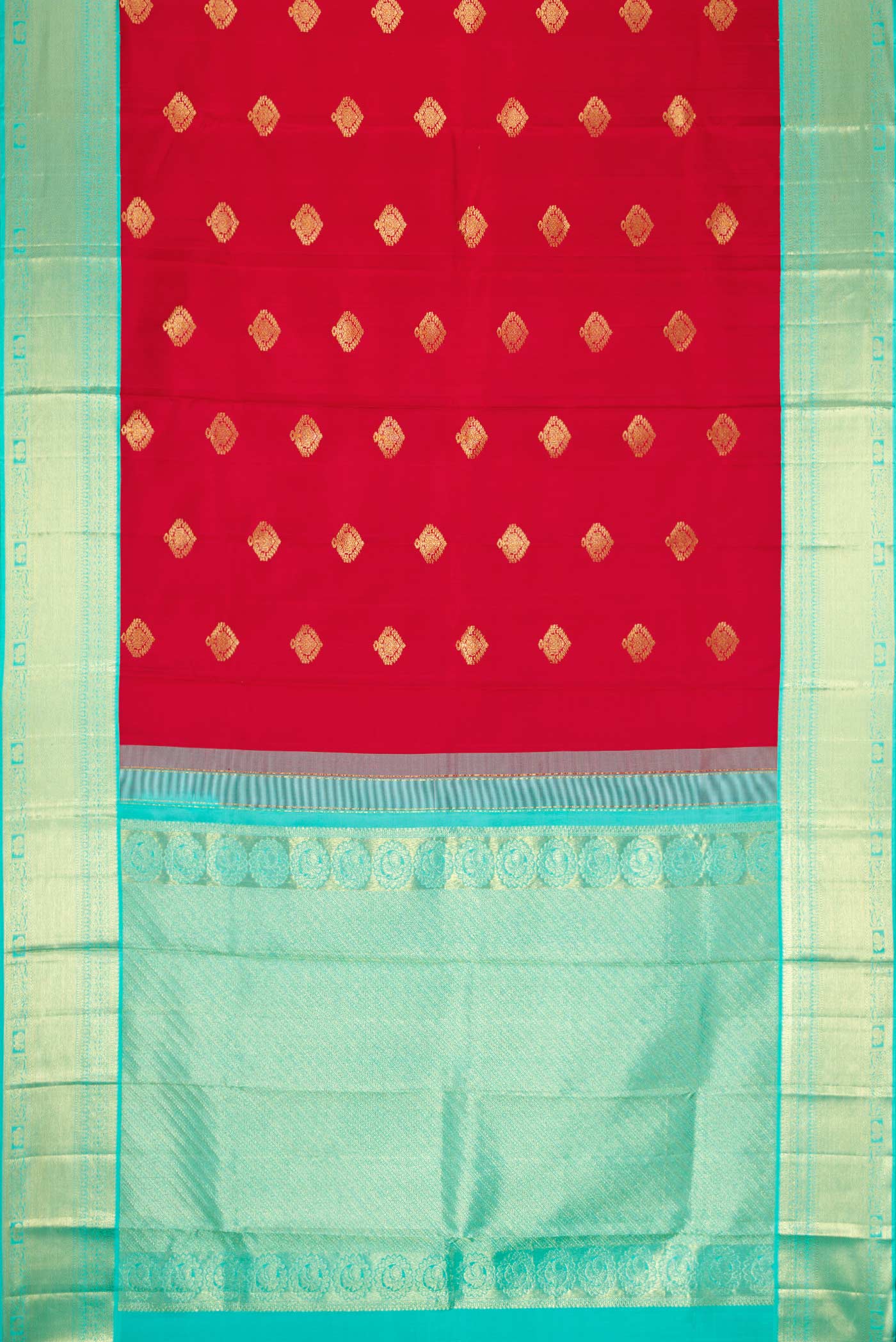 Flat view of Red Dual Tone Kanjivaram Silk Saree with Zari Butta on the body and Zari Border. 