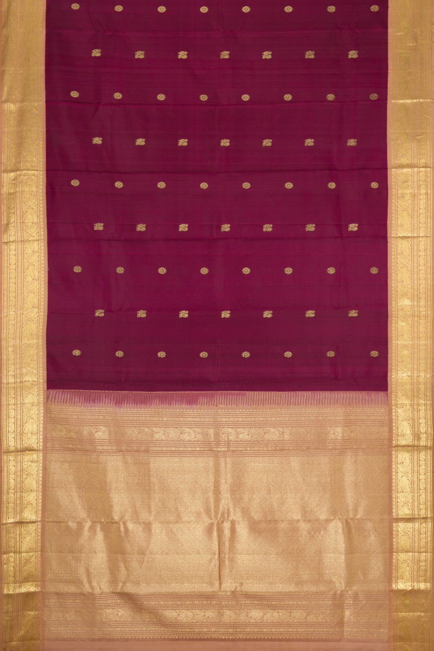 Flat view of Coffee Brown Dual Tone Kanjivaram Silk Saree with Zari Butta on the body and Zari Border. 