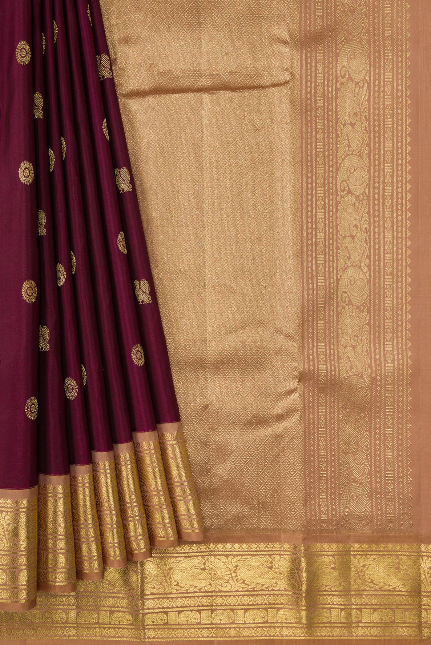 Pleats and pallu of Coffee Brown Dual Tone Kanjivaram Silk Saree with Zari Butta on the body and Zari Border. 