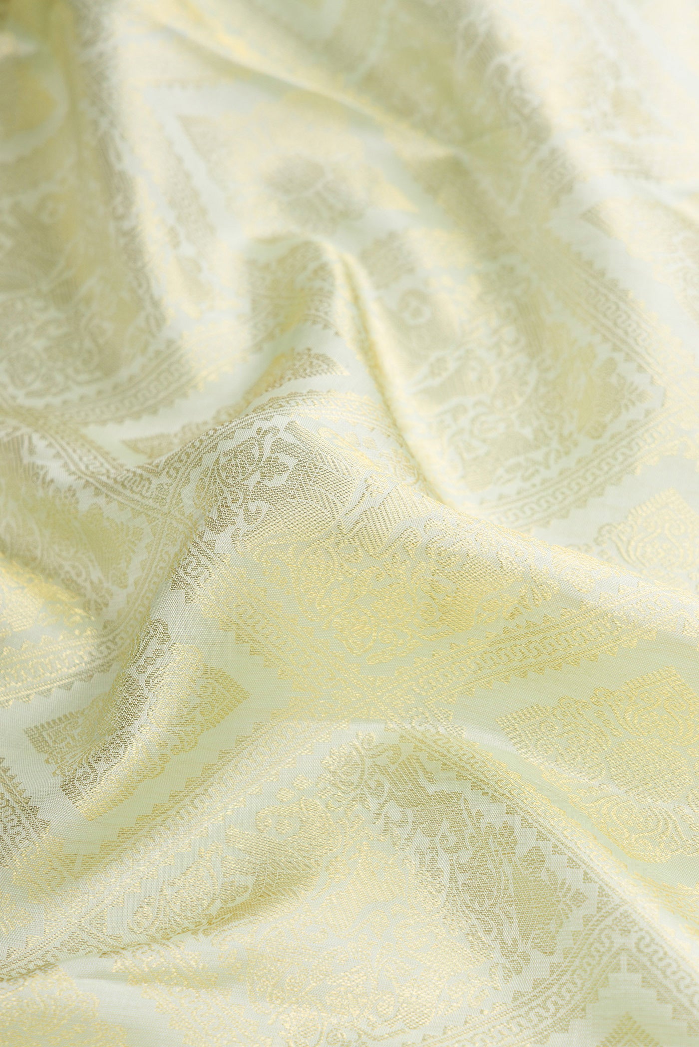 Close up of Pista Green Dual Tone Kanchipuram Silk Saree with Zari Brocade on the body and Zari Border.  displaying folds