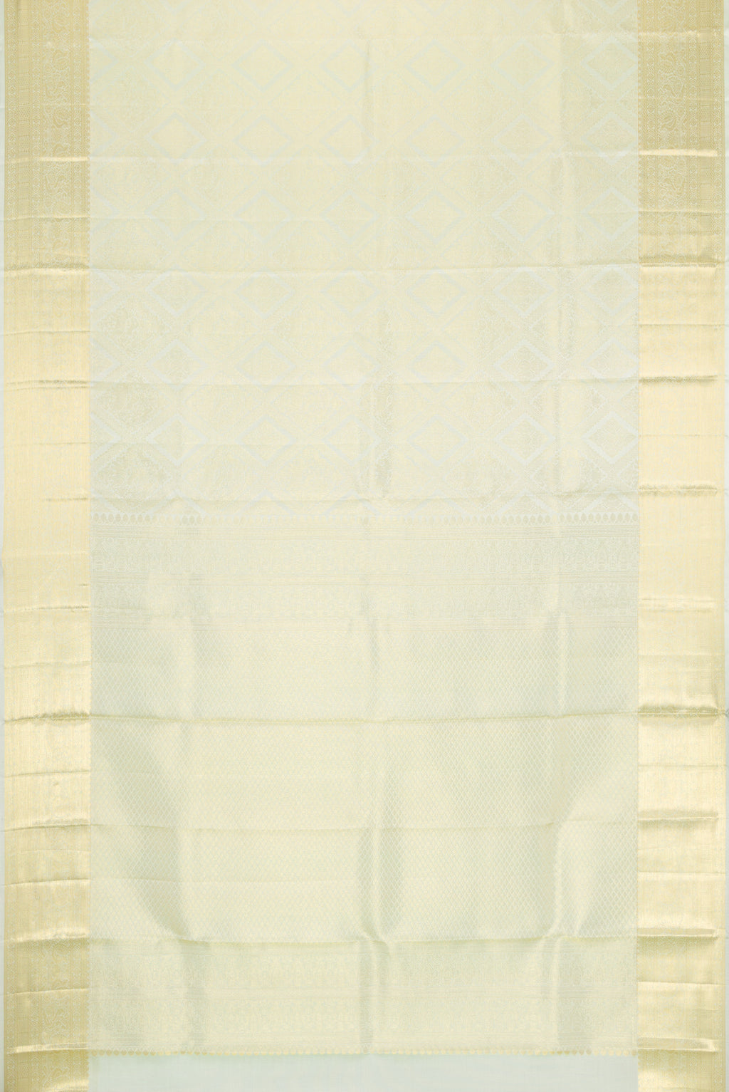 Flat view of Pista Green Dual Tone Kanchipuram Silk Saree with Zari Brocade on the body and Zari Border. 