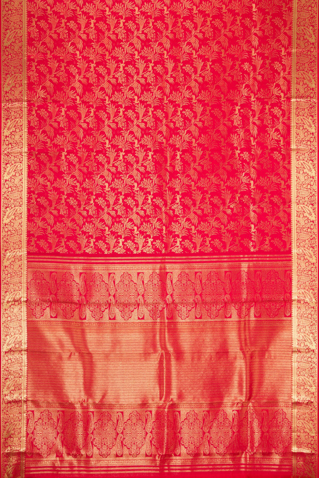 Flat view of Red Dual Tone Kanchipuram Silk Saree with Zari Brocade on the body and Zari Border. 