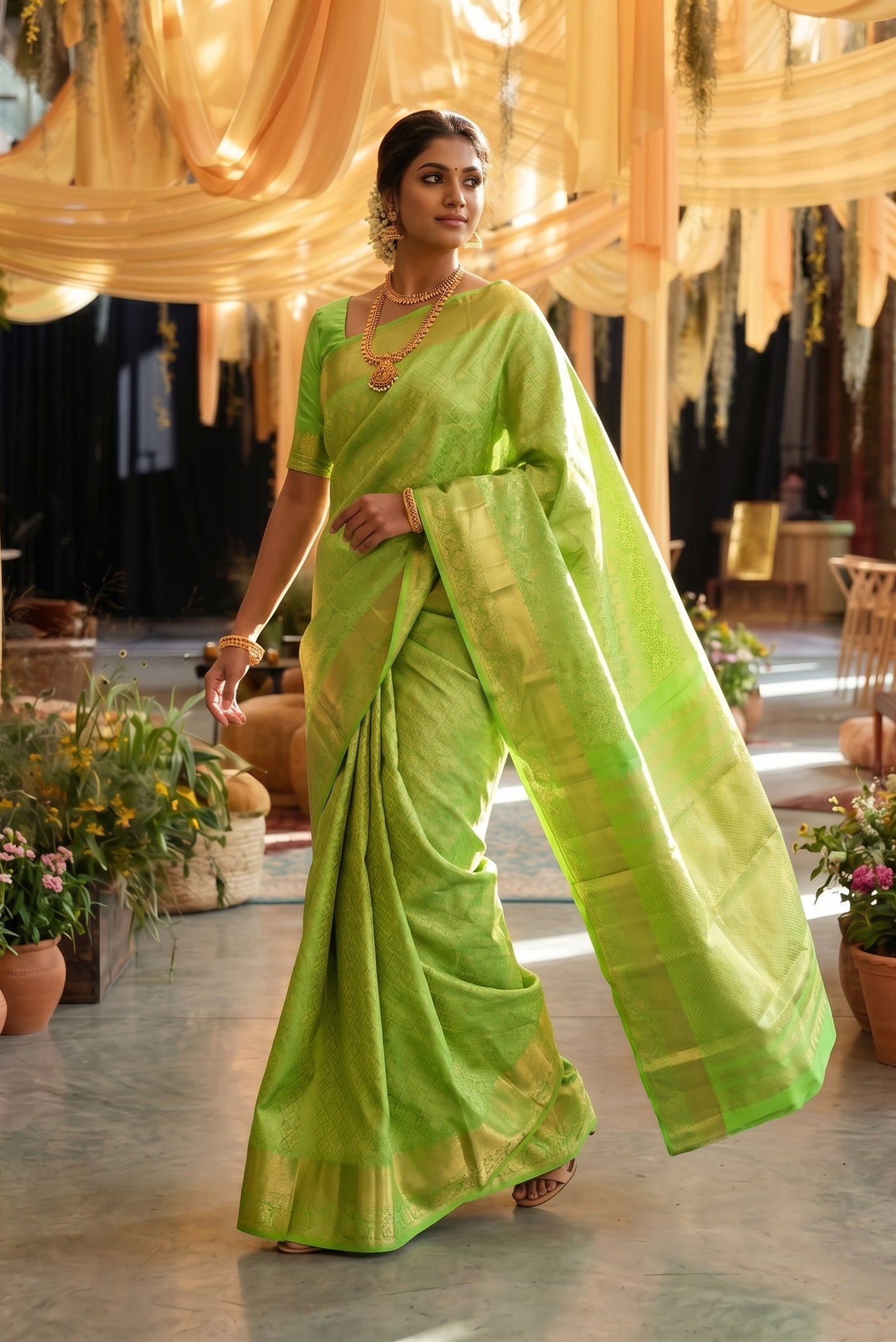 Model wearing a Parrot Green Kanchipuram Silk Saree with Zari Brocade on the body and Zari Border.