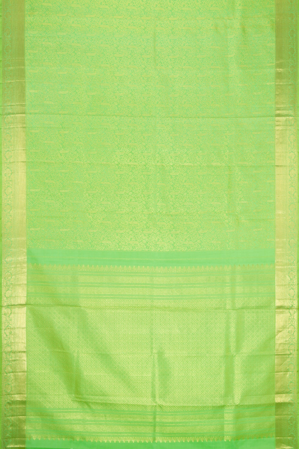Flat view of Parrot Green Dual Tone Kanchipuram Silk Saree with Zari Brocade on the body and Zari Border. 