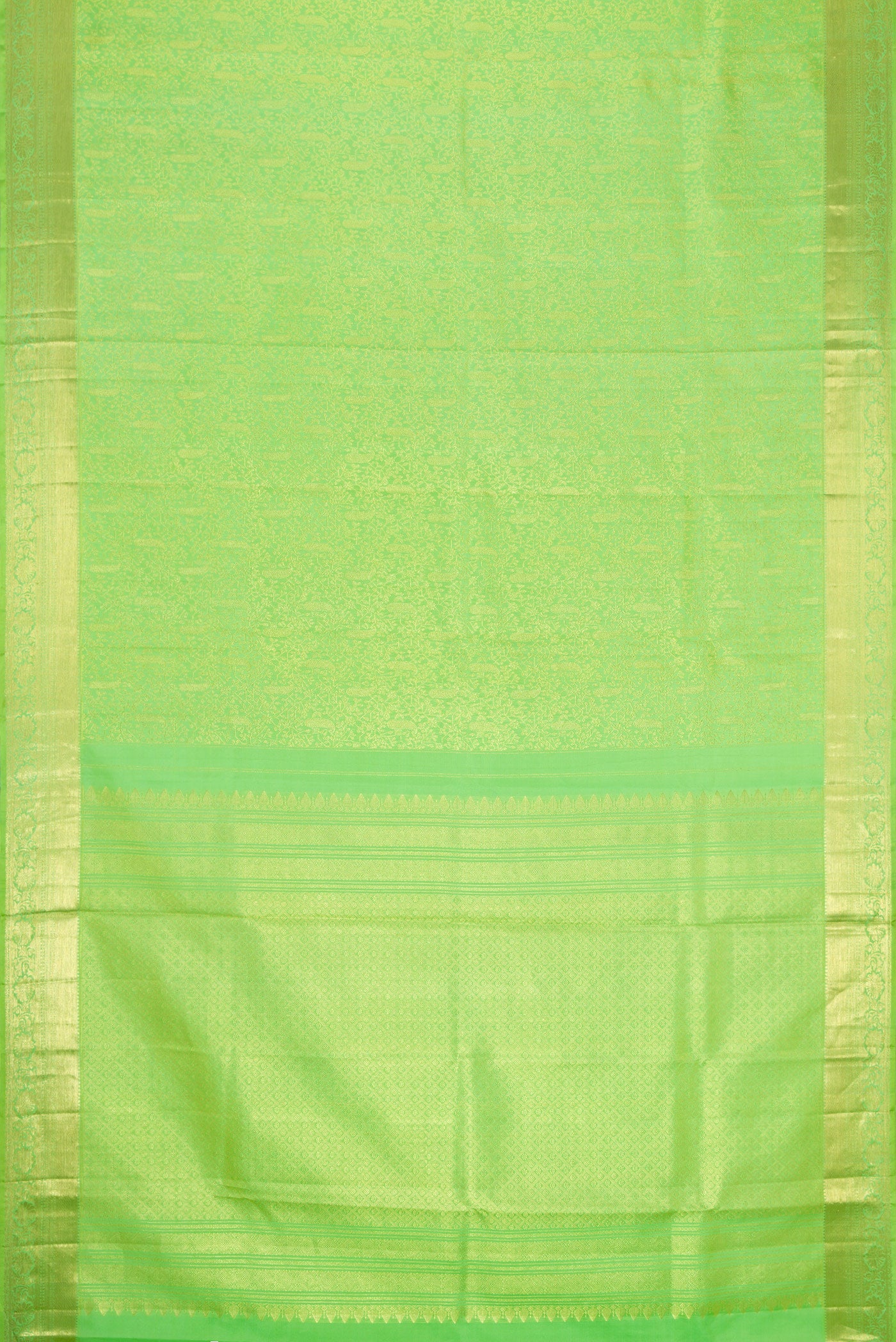 Flat view of Parrot Green Dual Tone Kanchipuram Silk Saree with Zari Brocade on the body and Zari Border. 