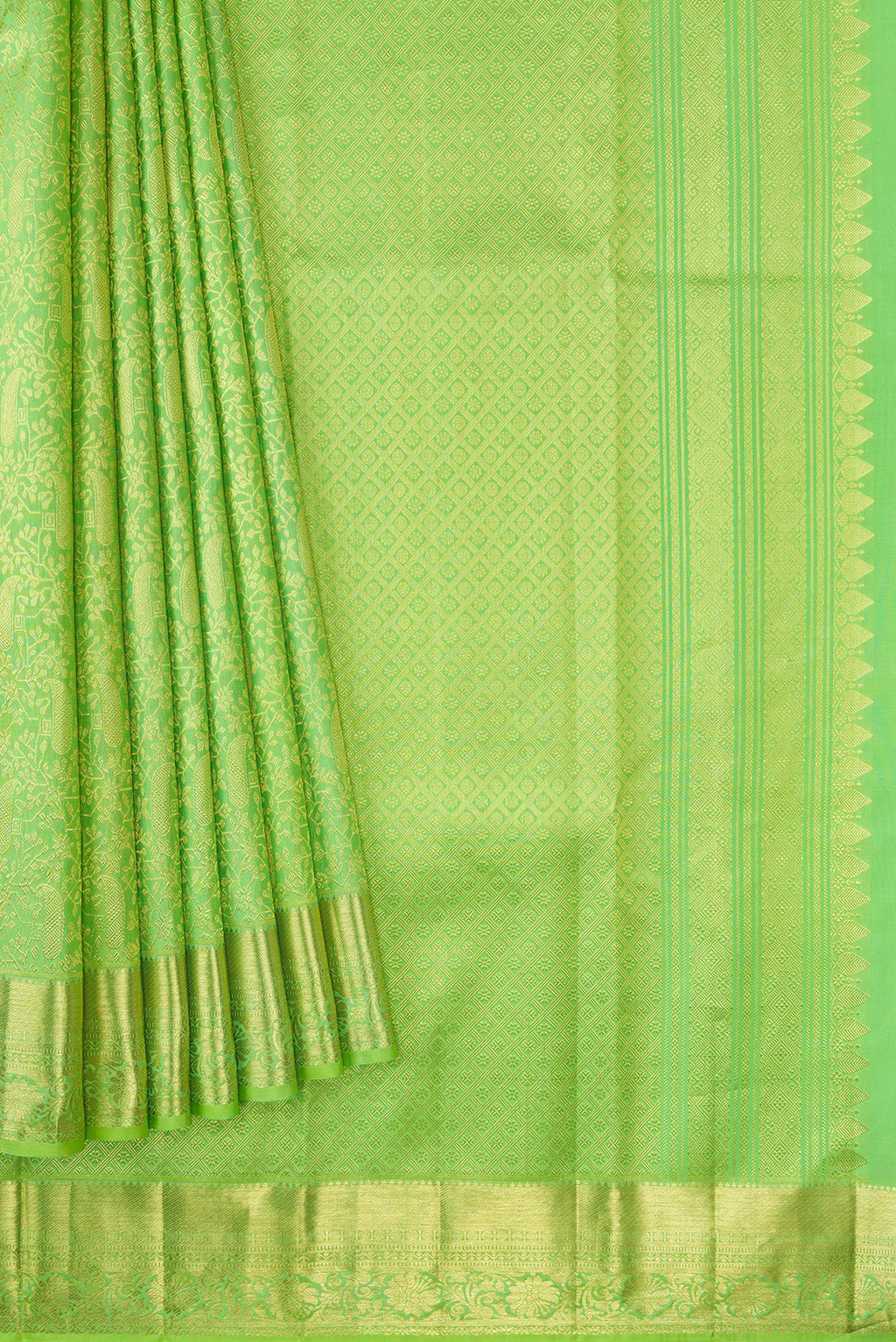 Pleats and pallu of Parrot Green Dual Tone Kanchipuram Silk Saree with Zari Brocade on the body and Zari Border. 
