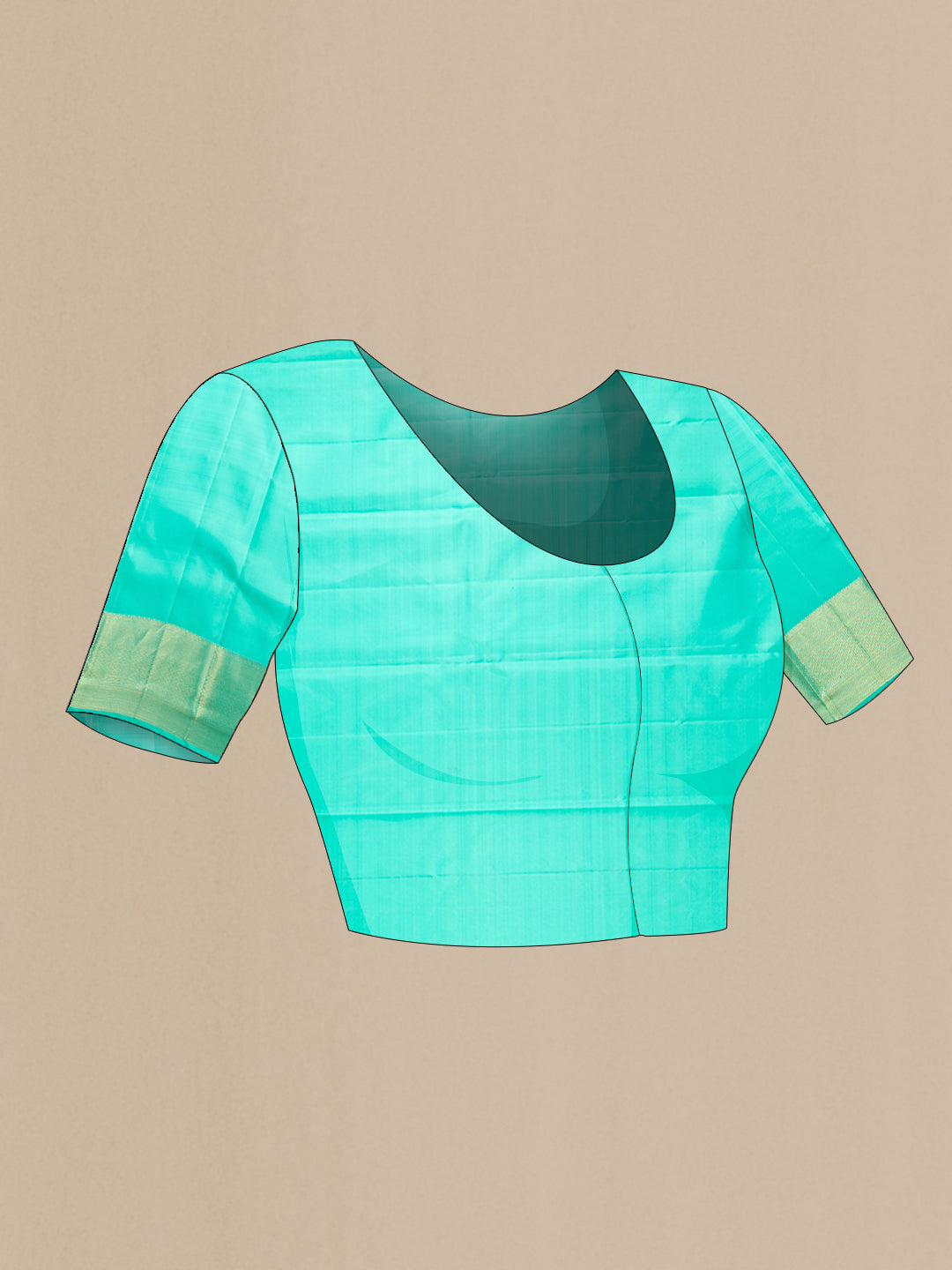 Close up image of the blouse of Sea Green Dual Tone Kanchipuram Silk Saree with Zari Brocade on the body and Zari Border. 