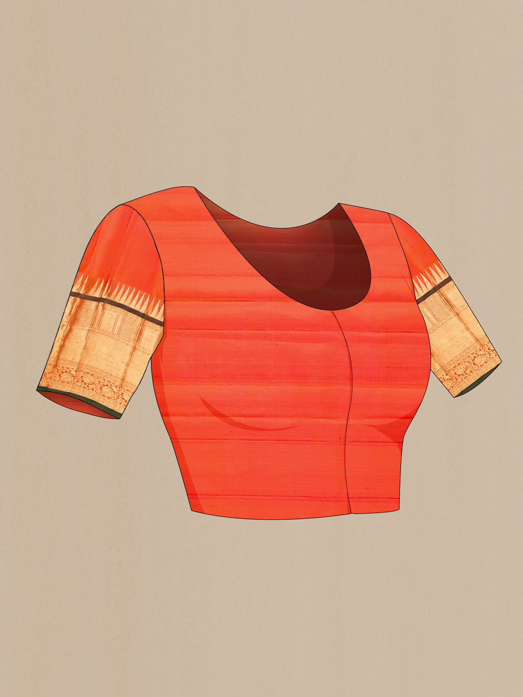 Close up image of the blouse of Coral Dual Tone Kanchipuram Silk Saree with Zari Brocade on the body and Zari Border. 