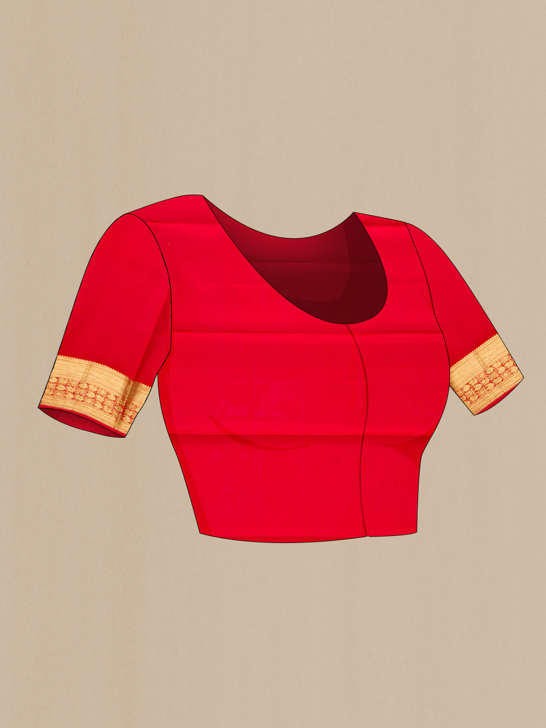 Close up image of the blouse of Red Dual Tone Kanchipuram Silk Saree with Zari Brocade on the body and Zari Border. 