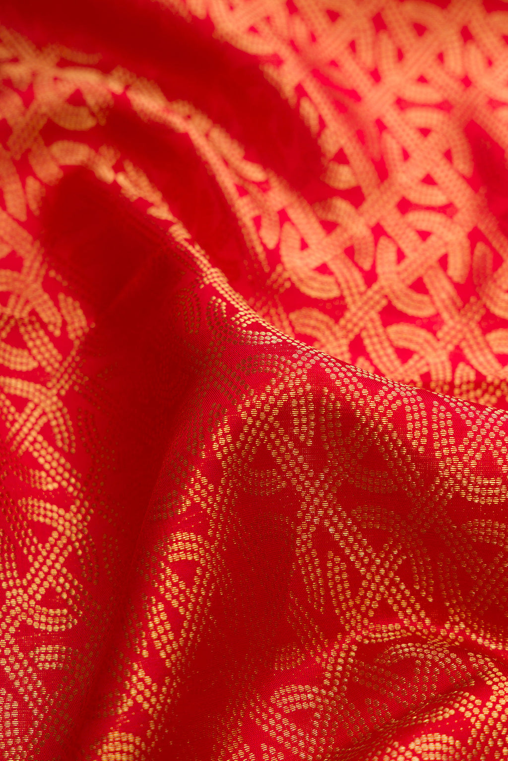 Close up of Red Dual Tone Kanchipuram Silk Saree with Zari Brocade on the body and Zari Border.  displaying folds