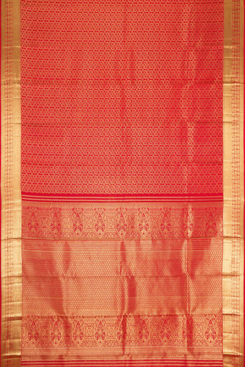 Flat view of Red Dual Tone Kanchipuram Silk Saree with Zari Brocade on the body and Zari Border. 