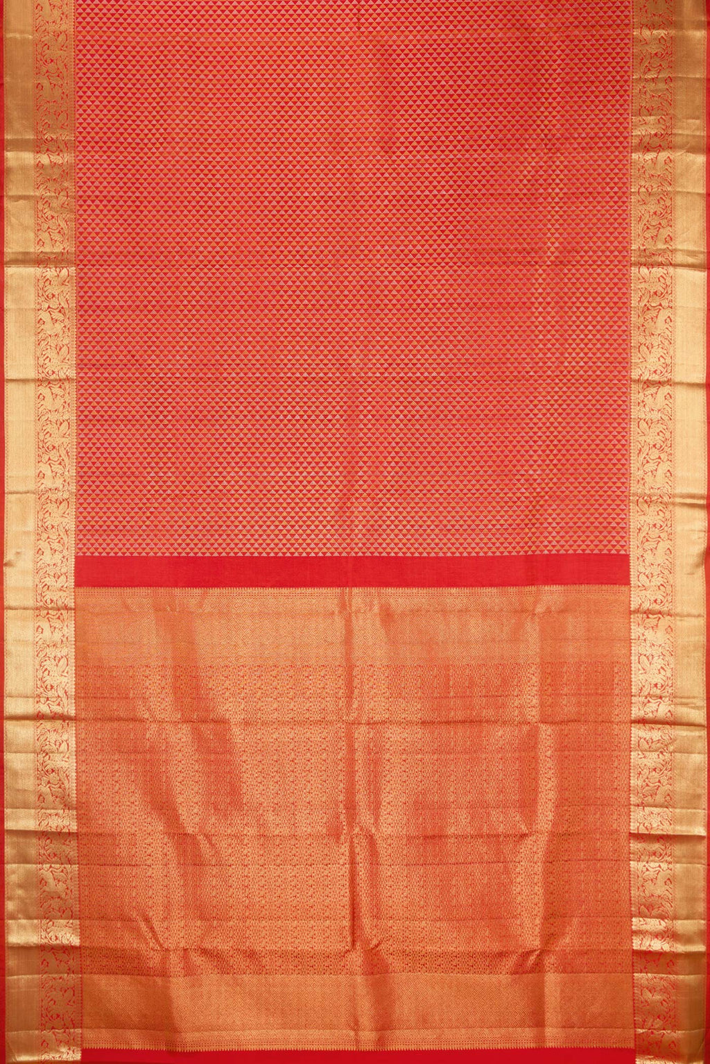Flat view of Orange Kanjivaram Silk Saree with Zari Brocade on the body and Zari Border. 