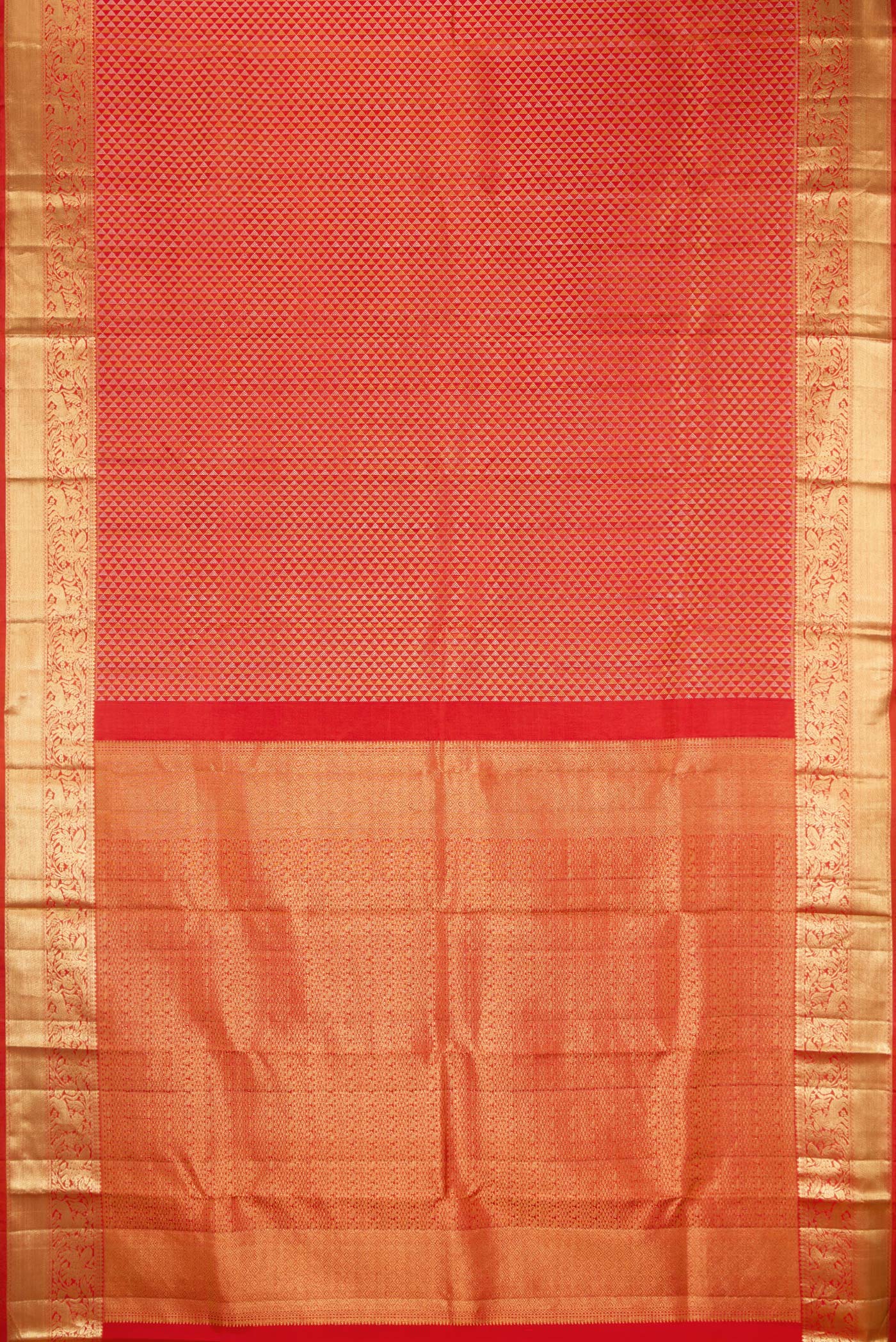 Flat view of Orange Kanjivaram Silk Saree with Zari Brocade on the body and Zari Border. 