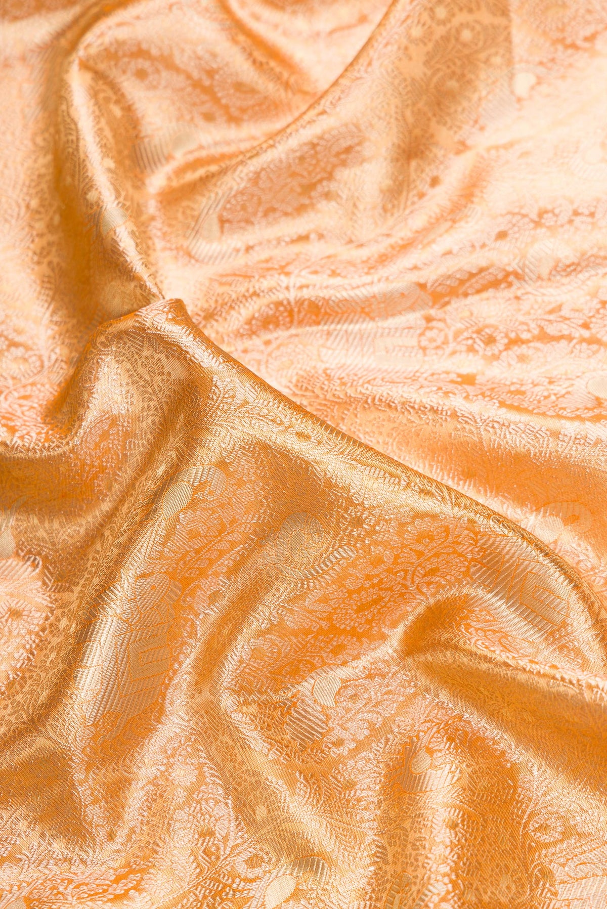Close up of Golden Peach Dual Tone Kanjivaram Tissue Silk Saree with Zari Brocade on the body and Zari Border.  displaying folds