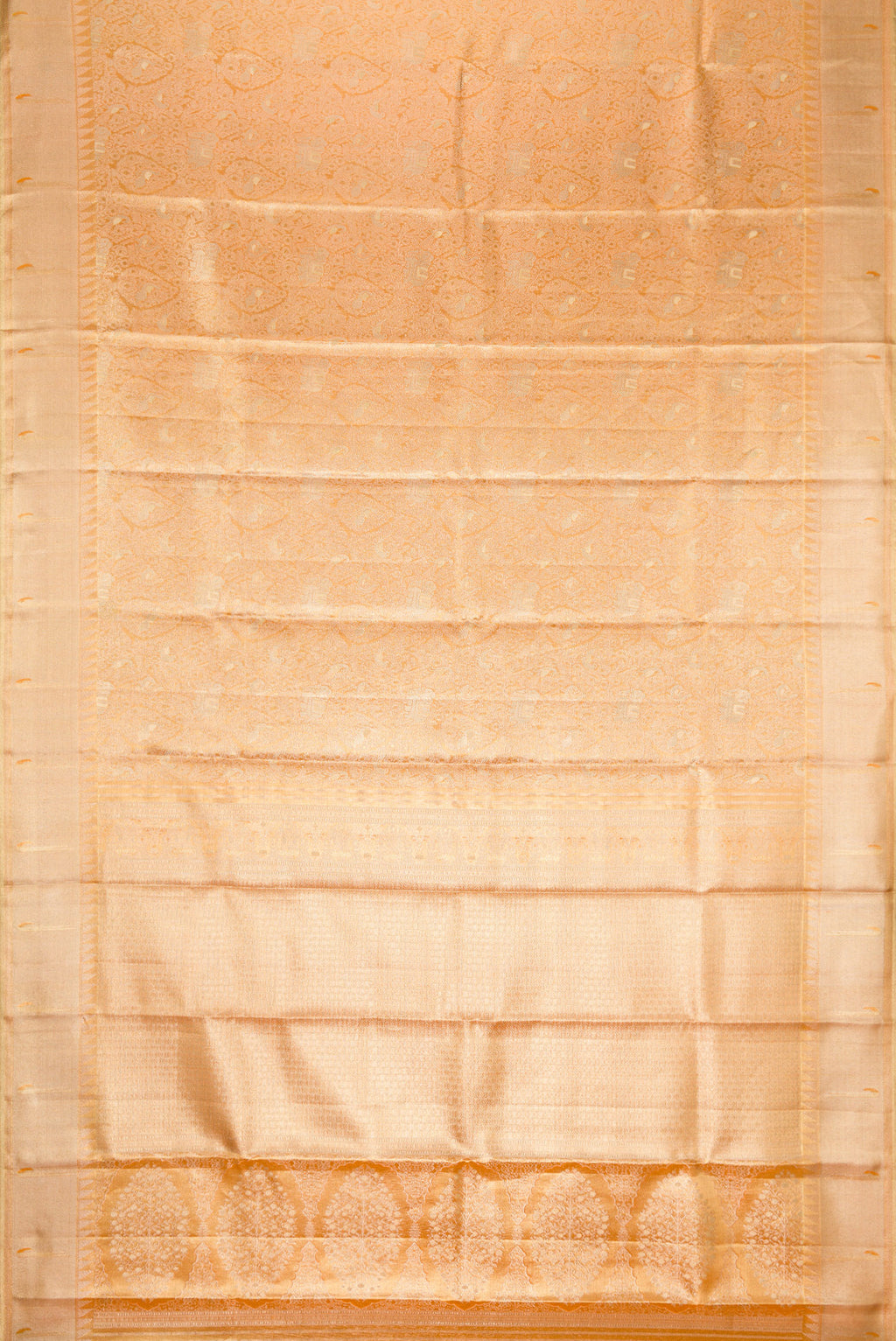 Flat view of Golden Peach Dual Tone Kanjivaram Tissue Silk Saree with Zari Brocade on the body and Zari Border. 