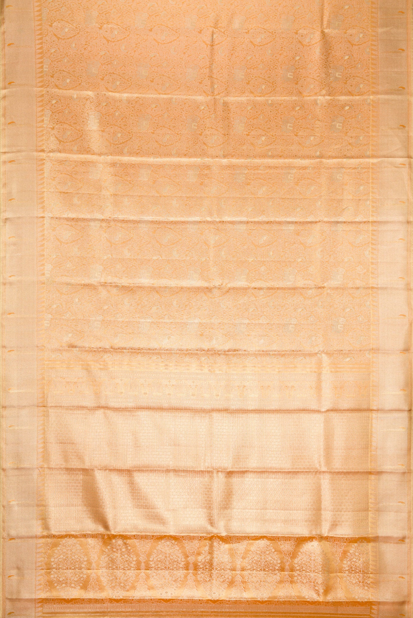 Flat view of Golden Peach Dual Tone Kanjivaram Tissue Silk Saree with Zari Brocade on the body and Zari Border. 