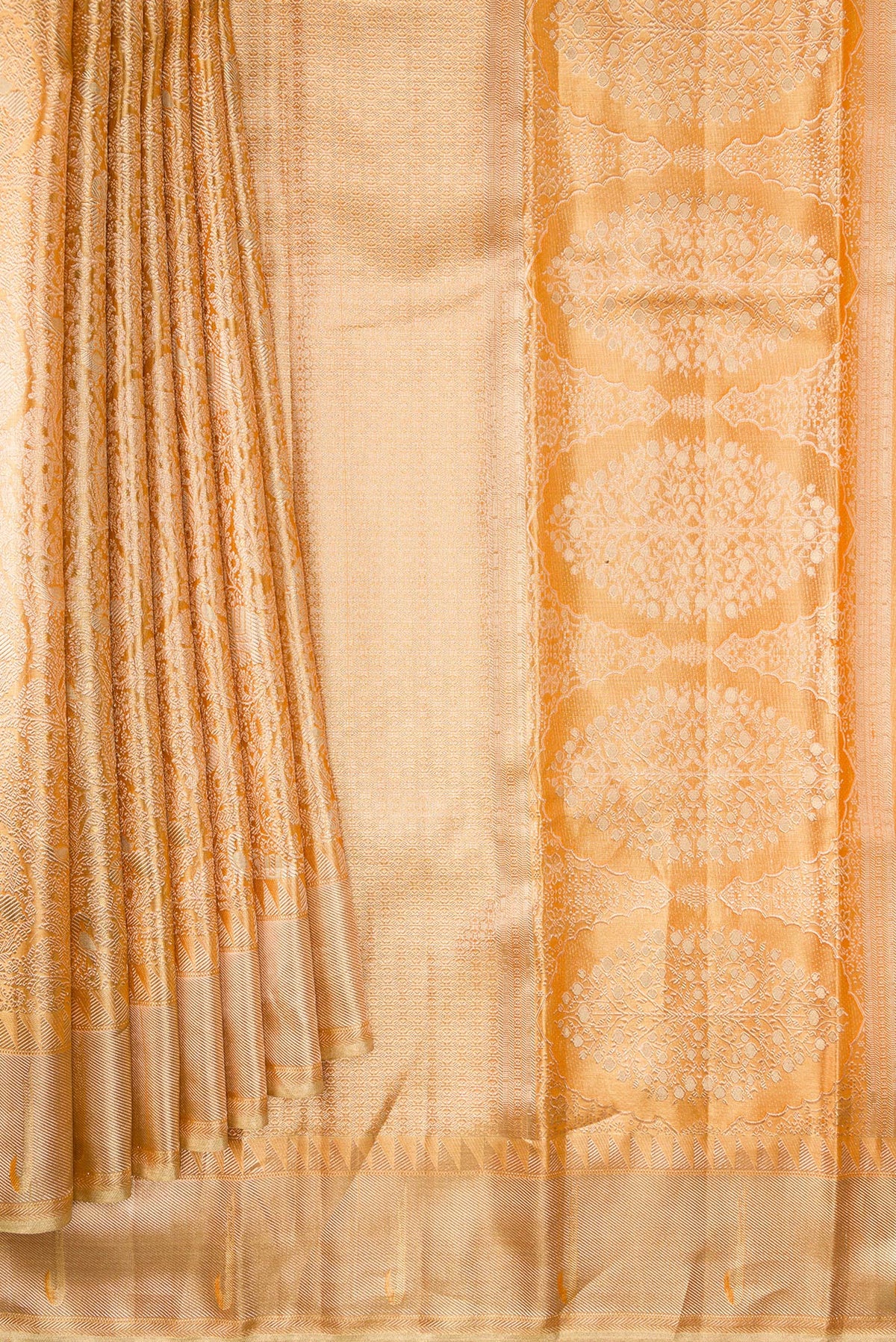 Pleats and pallu of Golden Peach Dual Tone Kanjivaram Tissue Silk Saree with Zari Brocade on the body and Zari Border. 