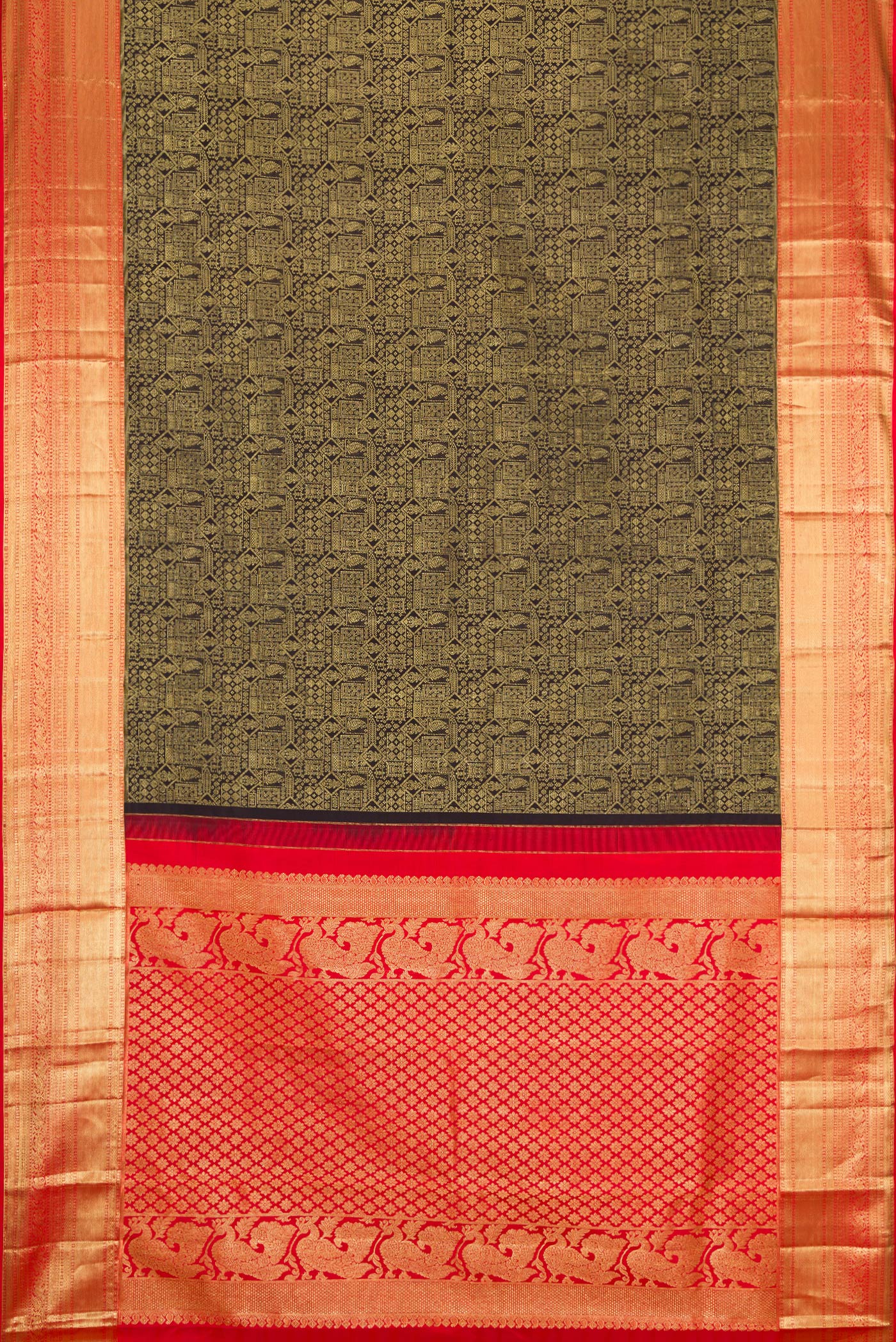 Flat view of Black Dual Tone Kanjivaram Silk Saree with Zari Brocade on the body and Zari Border. 
