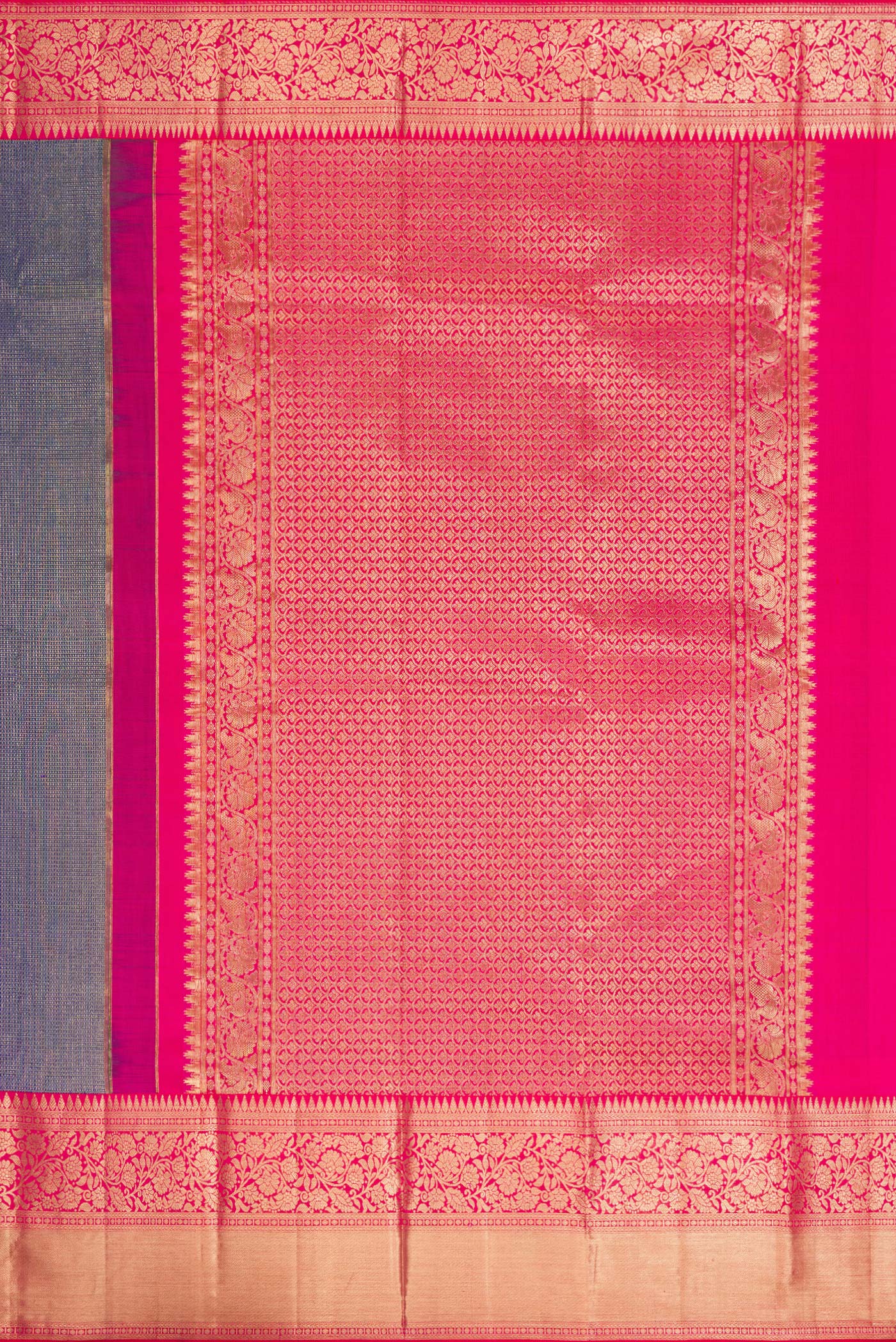 Close up image of the pallu of Peacock Blue Dual Tone Kanjivaram Silk Saree with Zari Brocade on the body and Zari Border. 