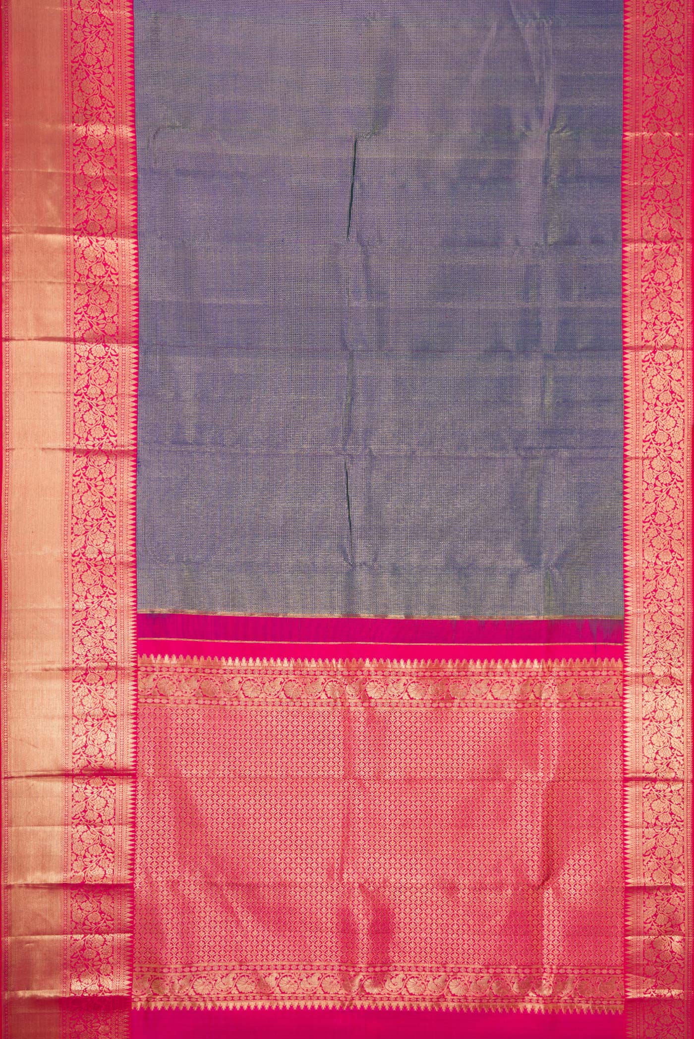 Flat view of Peacock Blue Dual Tone Kanjivaram Silk Saree with Zari Brocade on the body and Zari Border. 