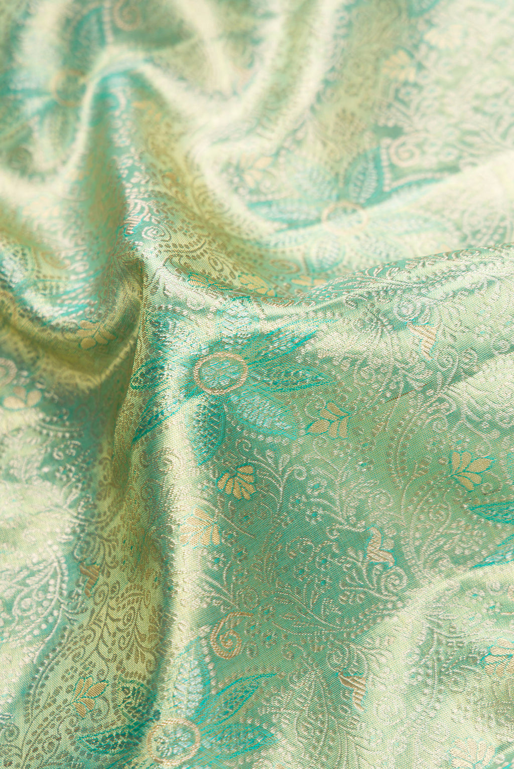 Close up of Green Dual Tone Kanjivaram Tissue Silk Saree with Zari Brocade on the body and Zari Border.  displaying folds