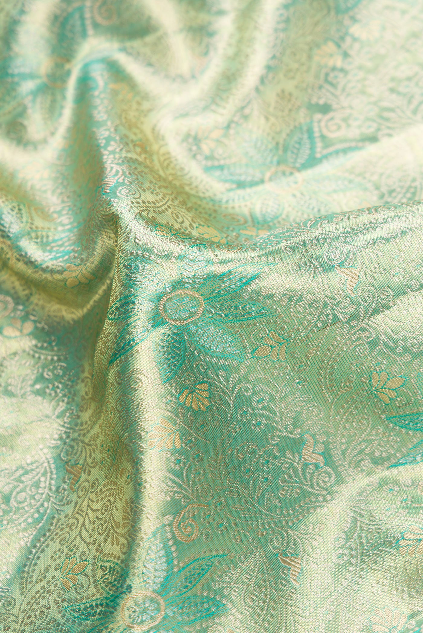 Close up of Green Dual Tone Kanjivaram Tissue Silk Saree with Zari Brocade on the body and Zari Border.  displaying folds