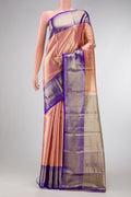 Golden Peach Dual Tone Kanjivaram Tissue Silk Saree with Zari Brocade on the body and Zari Border.  displayed on a mannequin
