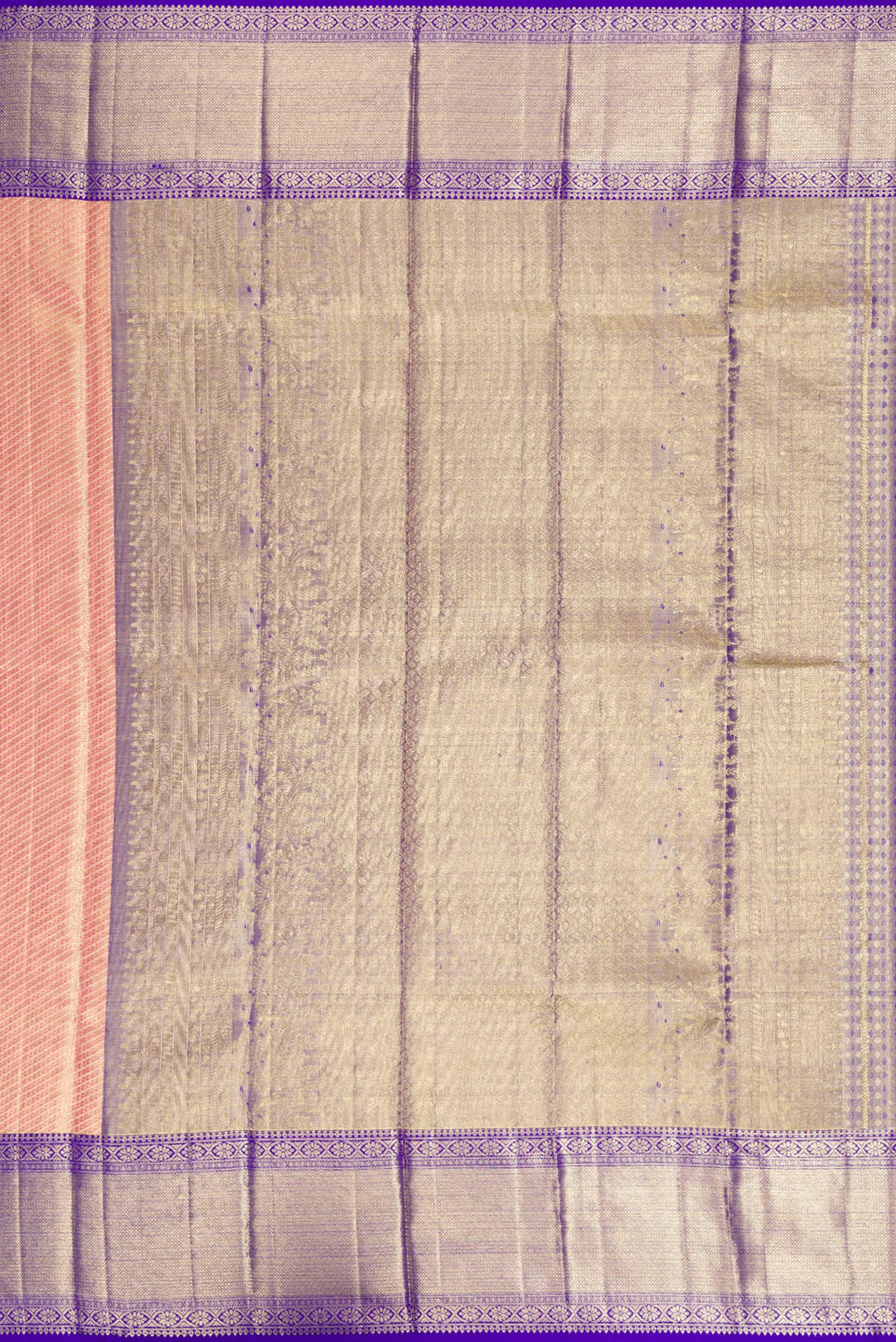 Close up image of the pallu of Golden Peach Dual Tone Kanjivaram Tissue Silk Saree with Zari Brocade on the body and Zari Border. 