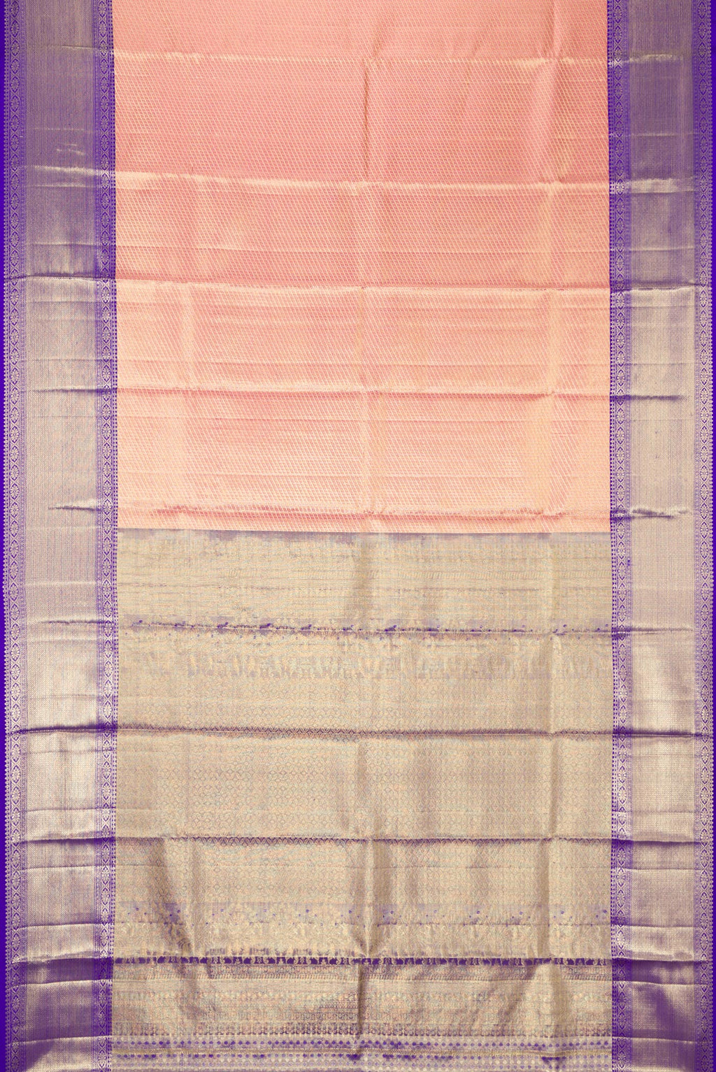 Flat view of Golden Peach Dual Tone Kanjivaram Tissue Silk Saree with Zari Brocade on the body and Zari Border. 