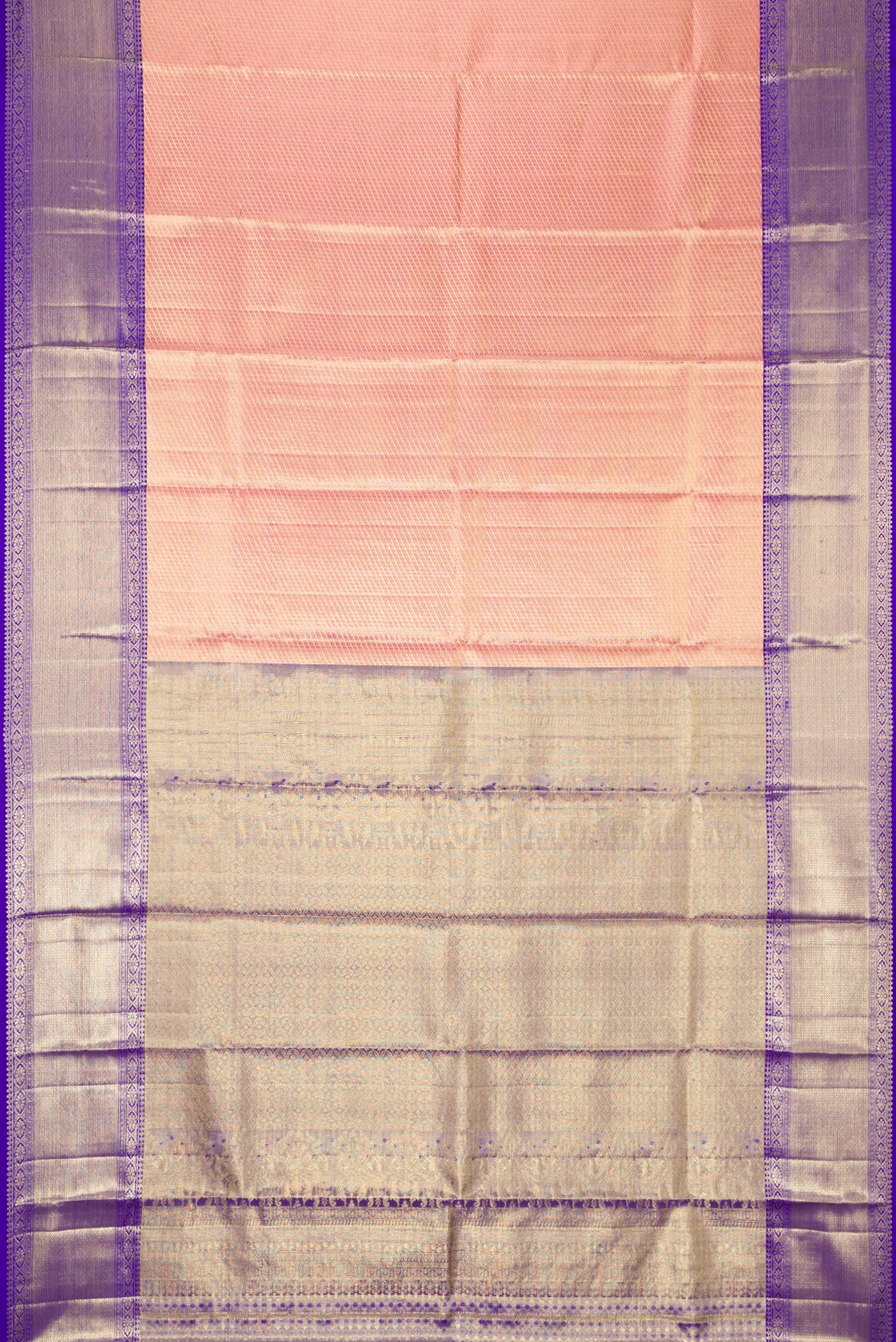 Flat view of Golden Peach Dual Tone Kanjivaram Tissue Silk Saree with Zari Brocade on the body and Zari Border. 