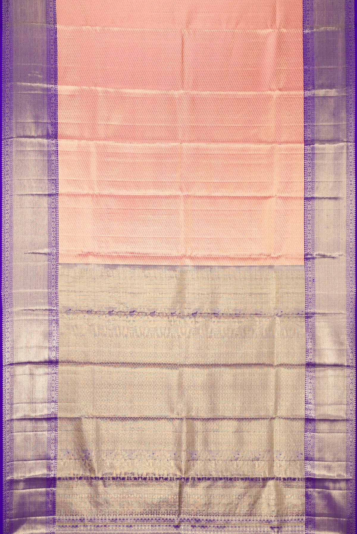 Flat view of Golden Peach Dual Tone Kanjivaram Tissue Silk Saree with Zari Brocade on the body and Zari Border. 