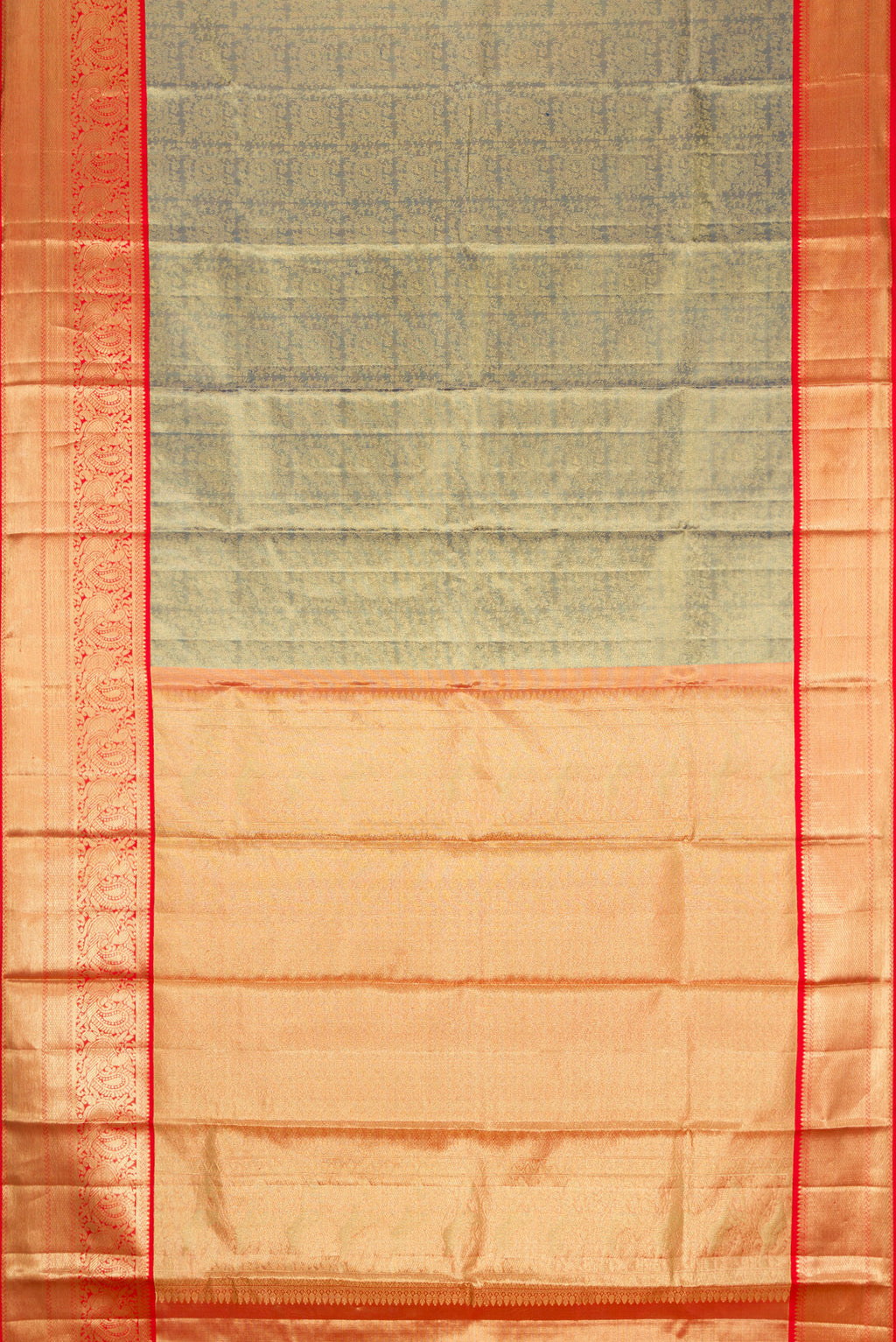 Flat view of Green Dual Tone Kanjivaram Tissue Silk Saree with Zari Brocade on the body and Zari Border. 