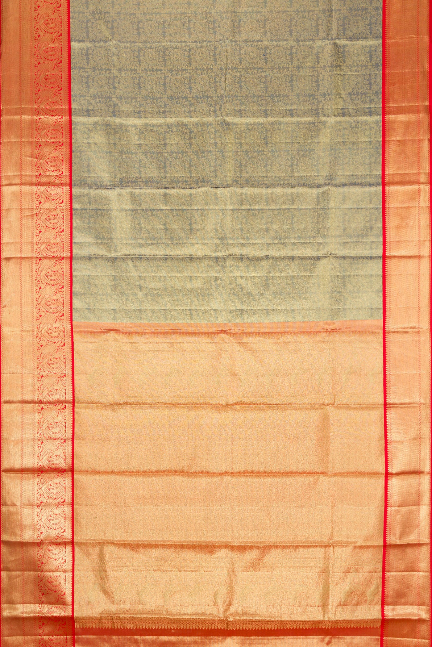 Flat view of Green Dual Tone Kanjivaram Tissue Silk Saree with Zari Brocade on the body and Zari Border. 