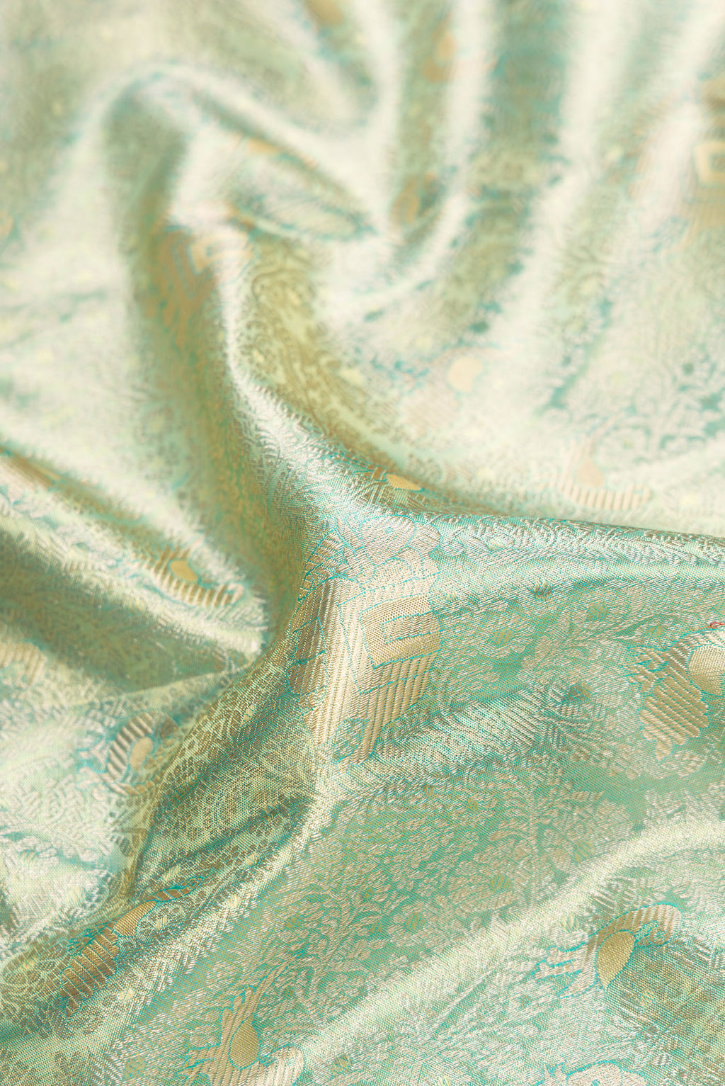 Close up of Sea Green Dual Tone Kanjivaram Tissue Silk Saree with Zari Brocade on the body and Zari Border.  displaying folds