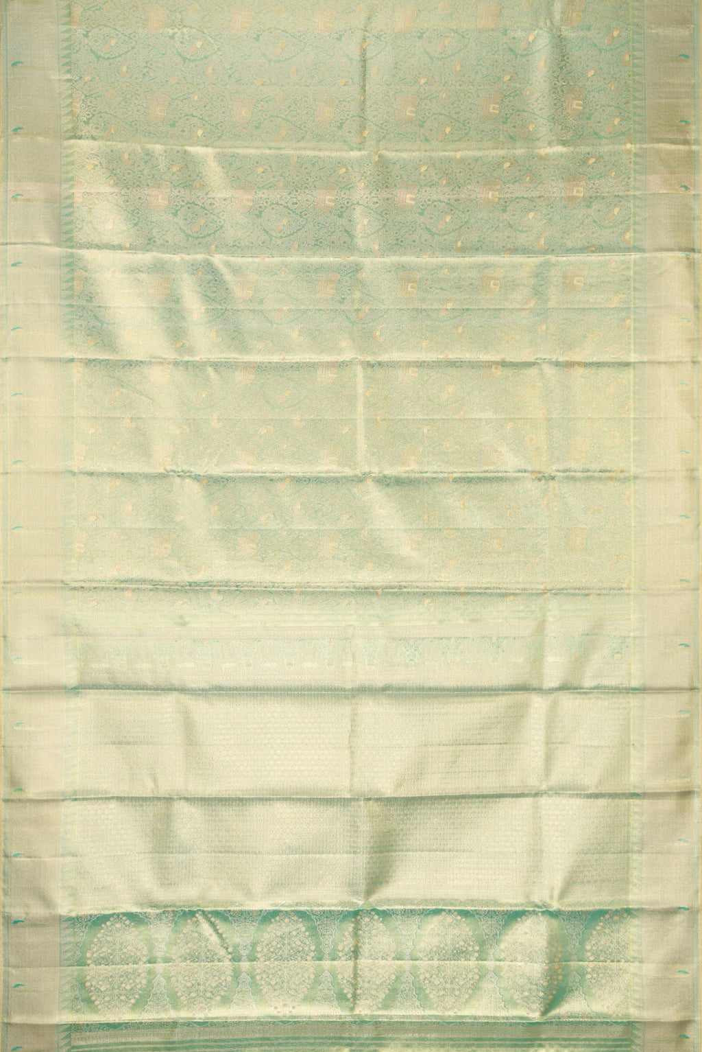 Flat view of Sea Green Dual Tone Kanjivaram Tissue Silk Saree with Zari Brocade on the body and Zari Border. 