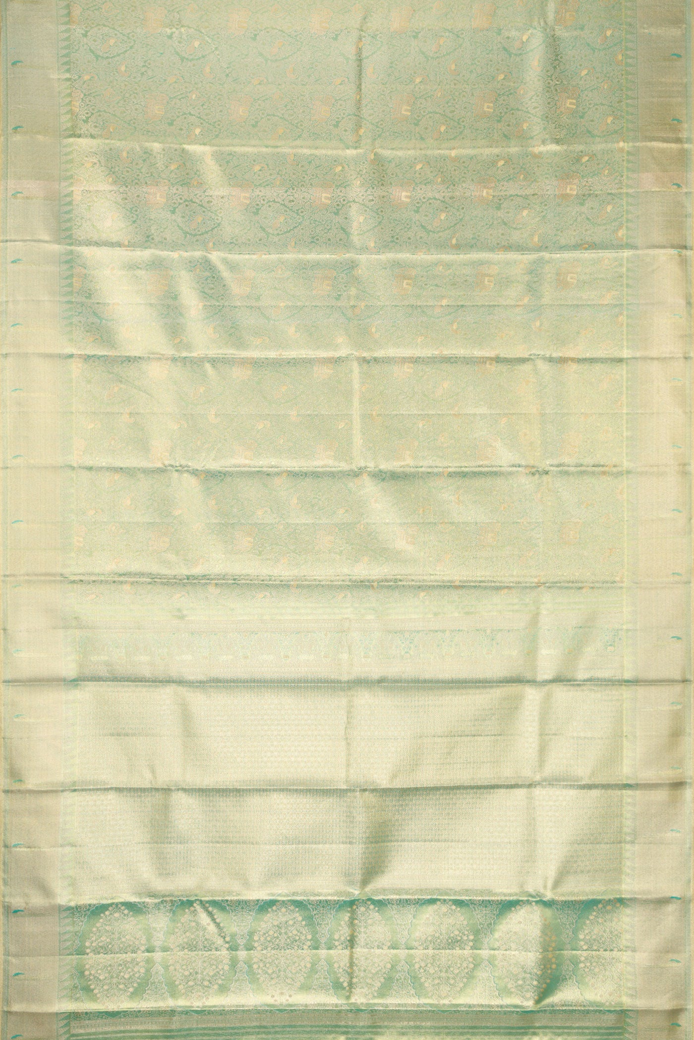 Flat view of Sea Green Dual Tone Kanjivaram Tissue Silk Saree with Zari Brocade on the body and Zari Border. 