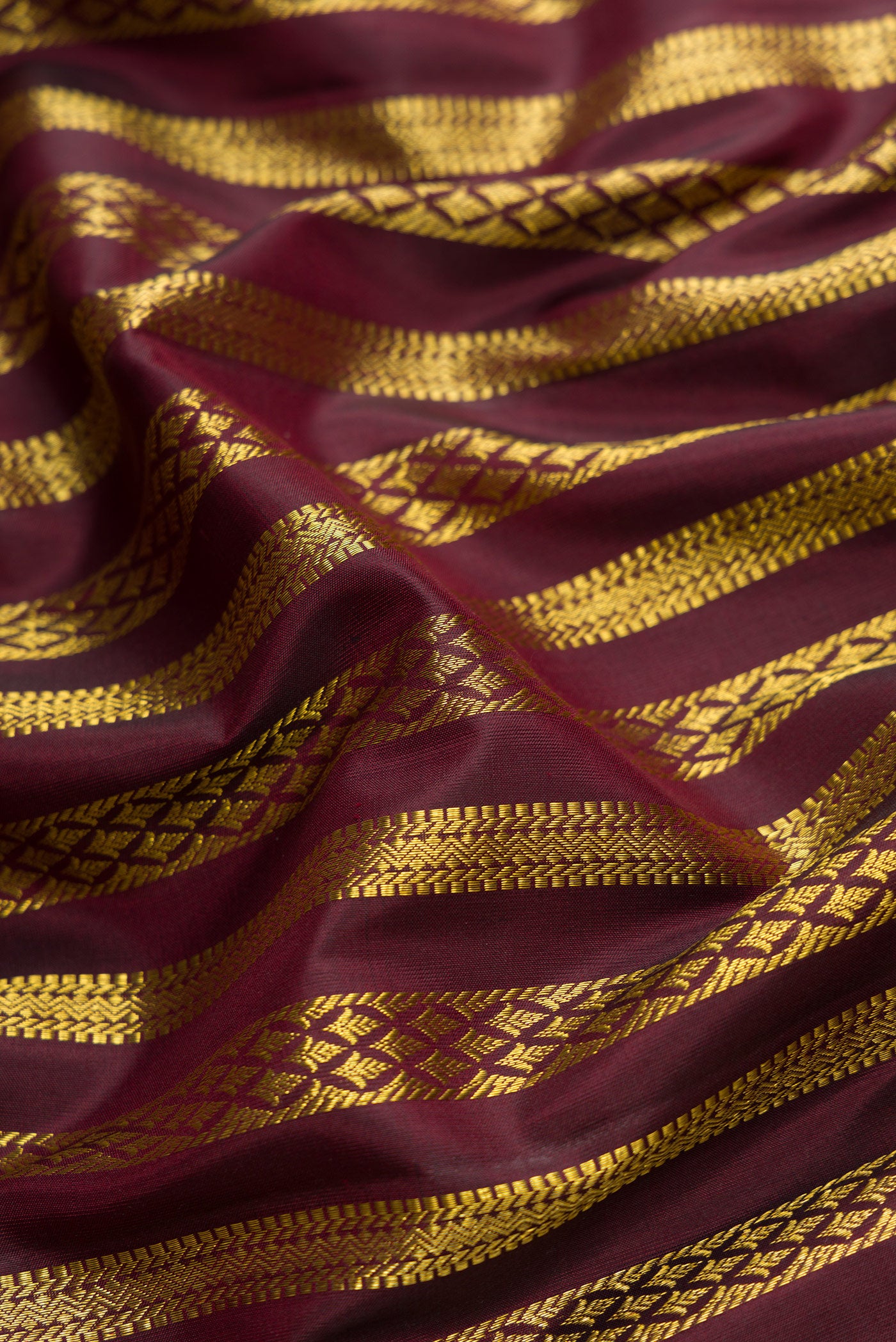Close up of Coffee Brown Dual Tone Kanjivaram Silk Saree with Zari Brocade on the body and Zari Border.  displaying folds