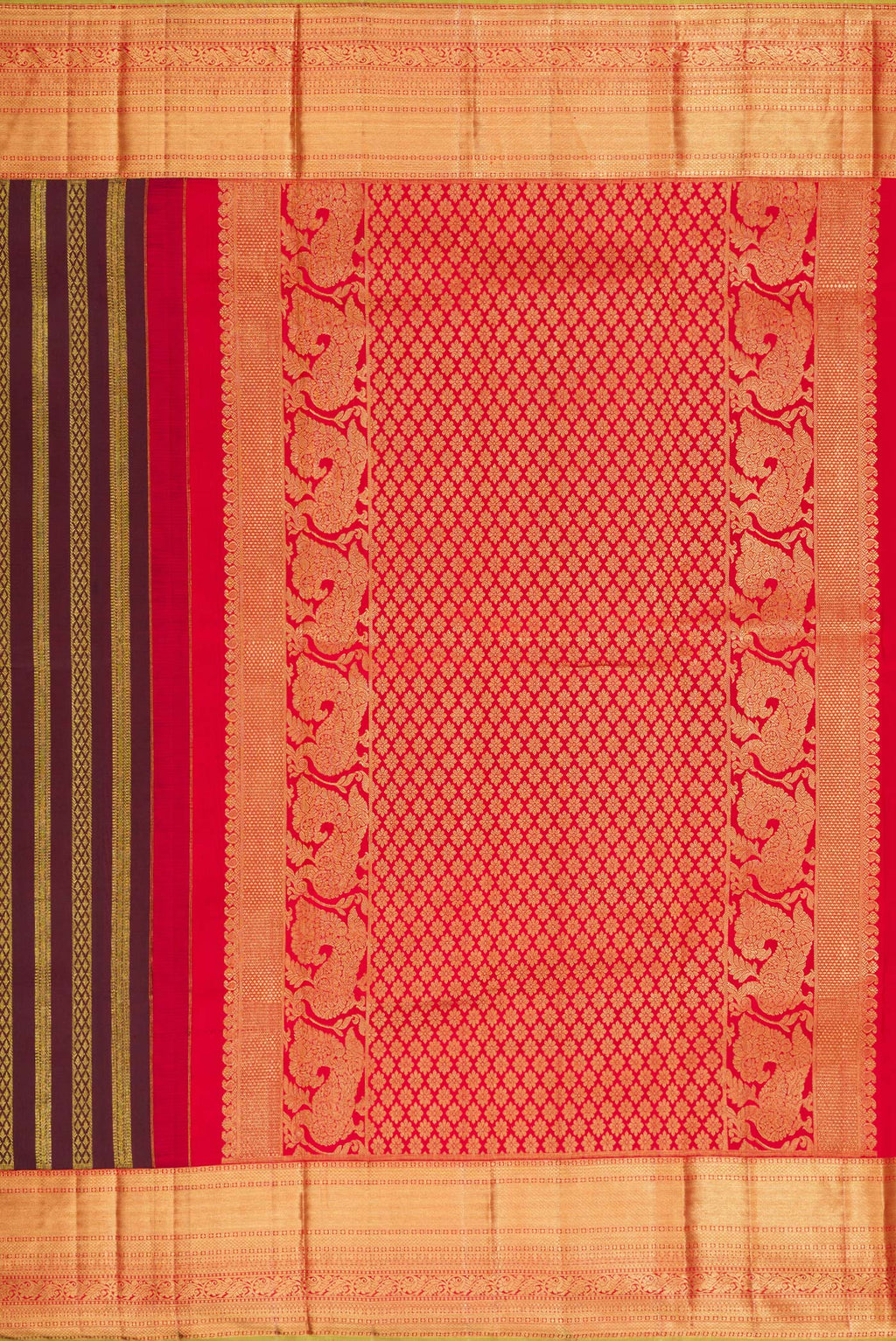 Close up image of the pallu of Coffee Brown Dual Tone Kanjivaram Silk Saree with Zari Brocade on the body and Zari Border. 
