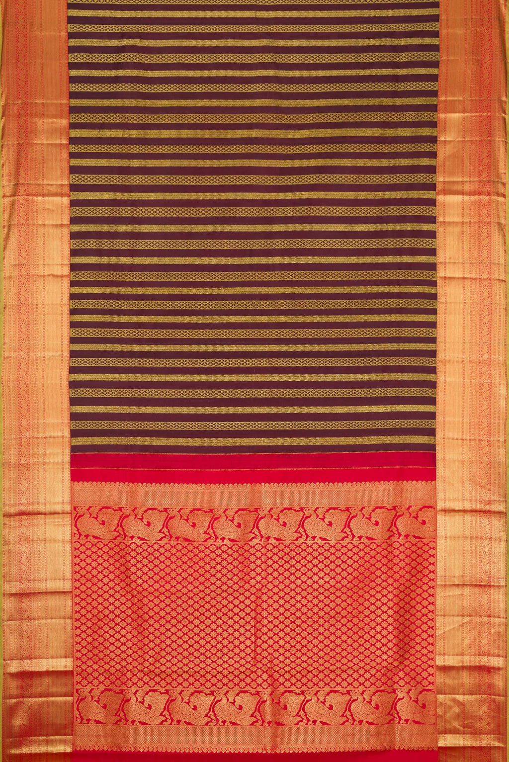Flat view of Coffee Brown Dual Tone Kanjivaram Silk Saree with Zari Brocade on the body and Zari Border. 