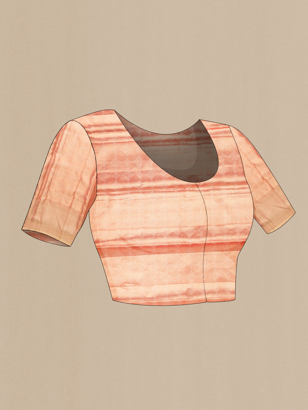 Close up image of the blouse of Golden Peach Dual Tone Kanjivaram Tissue Silk Saree with Zari Brocade on the body and Zari Border. 