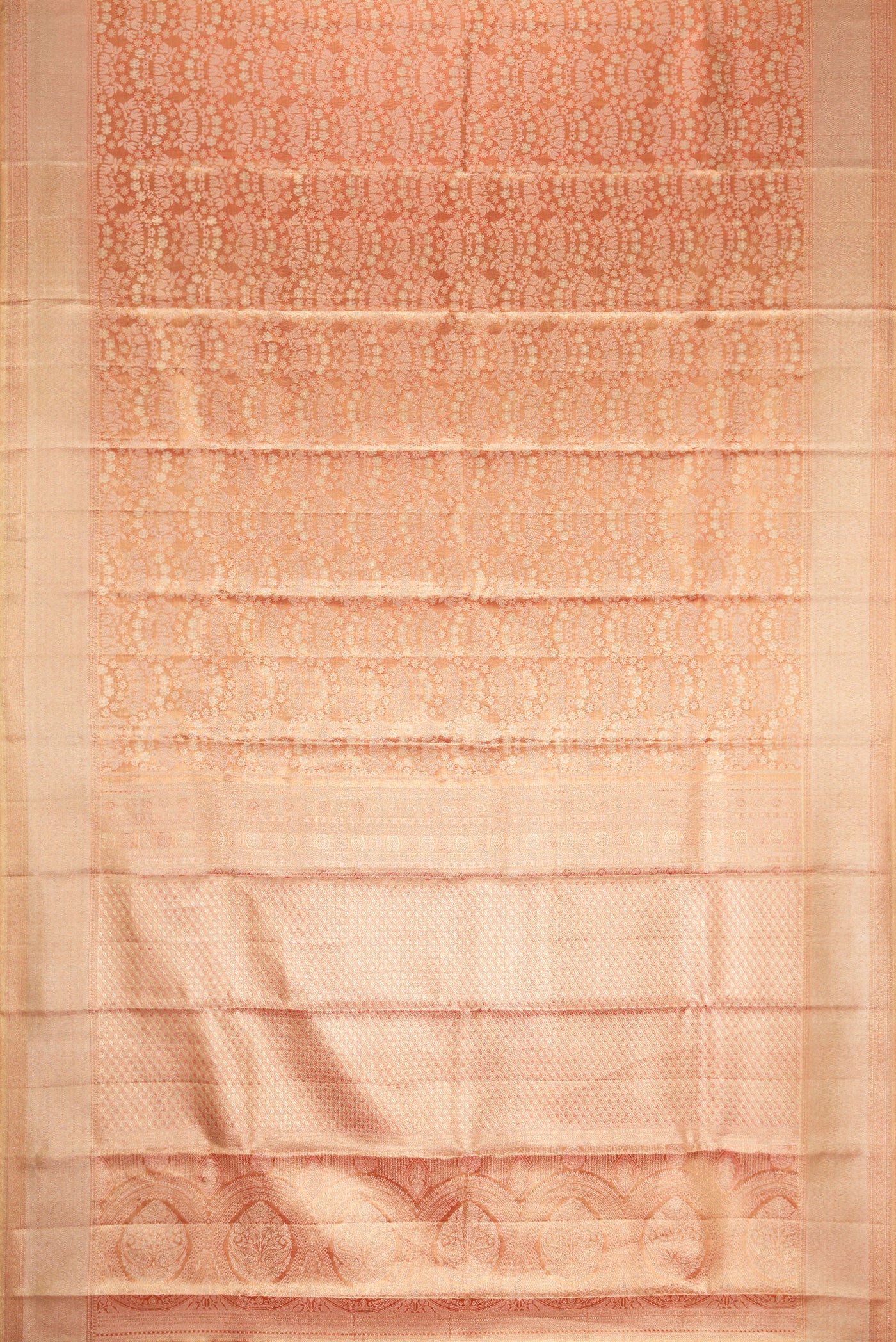 Flat view of Golden Peach Dual Tone Kanjivaram Tissue Silk Saree with Zari Brocade on the body and Zari Border. 