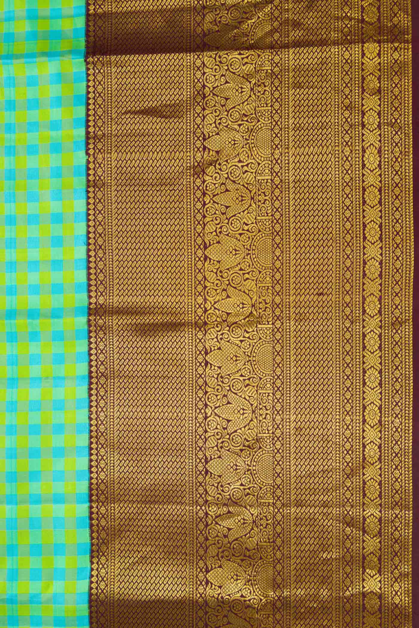Border image of Green, Sea Green and Yellow Color Kanjivaram Silk Saree with Checked design on the body and Zari Border. 