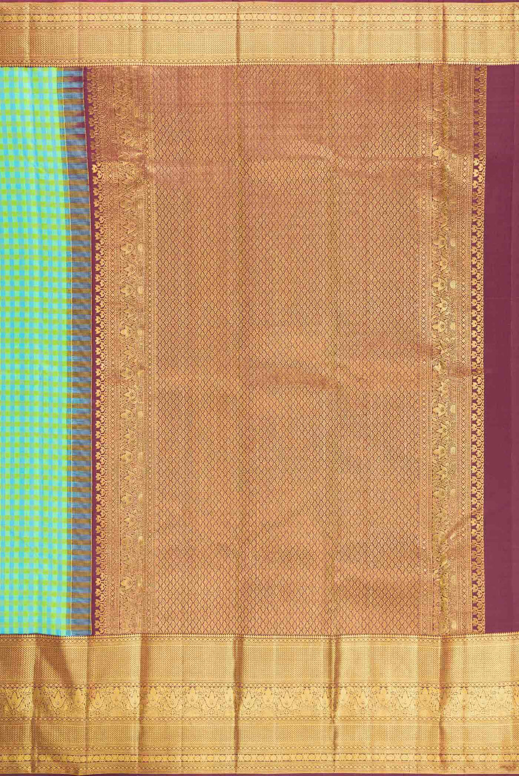 Close up image of the pallu of Green, Sea Green and Yellow Color Kanjivaram Silk Saree with Checked design on the body and Zari Border. 