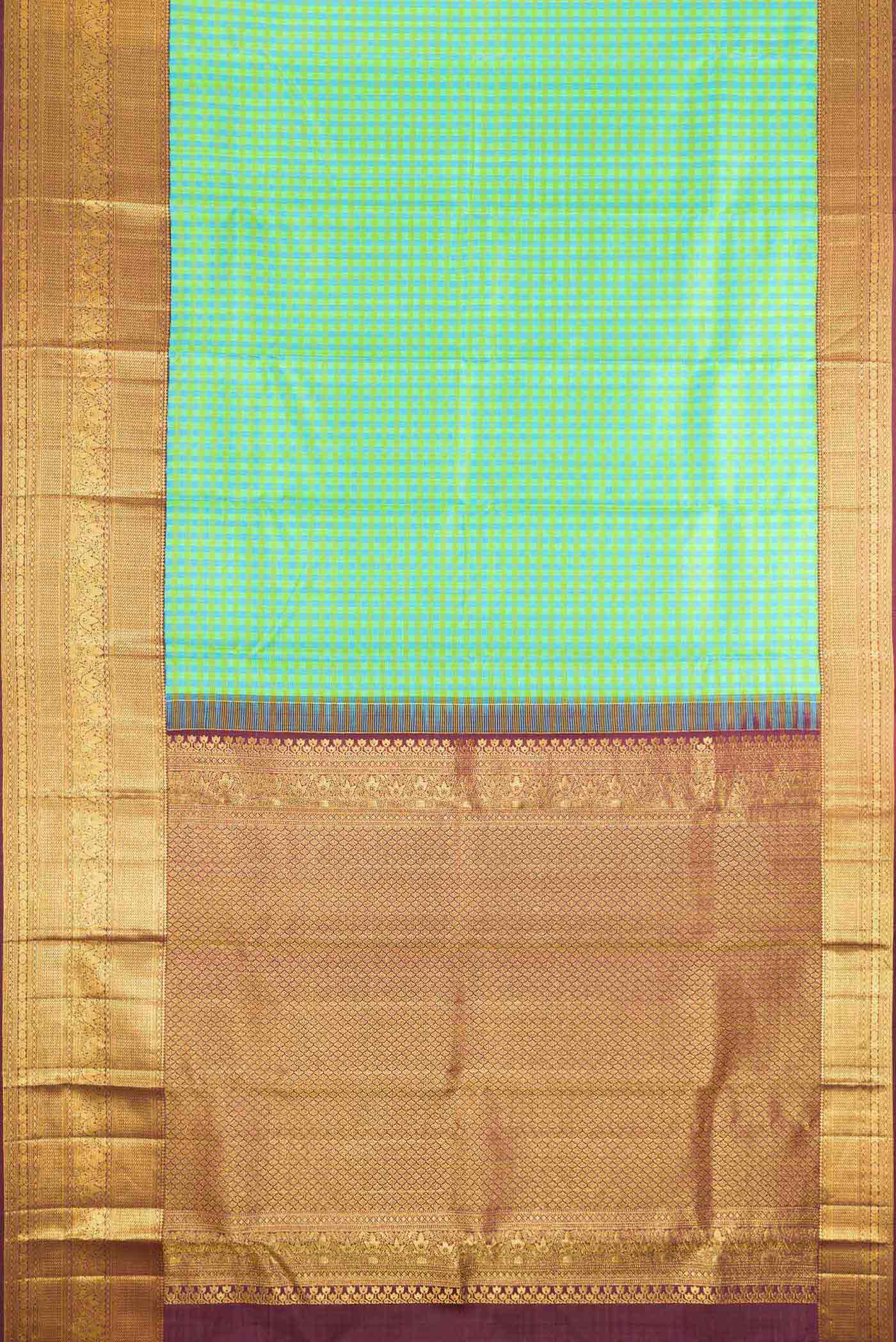 Flat view of Green, Sea Green and Yellow Color Kanjivaram Silk Saree with Checked design on the body and Zari Border. 